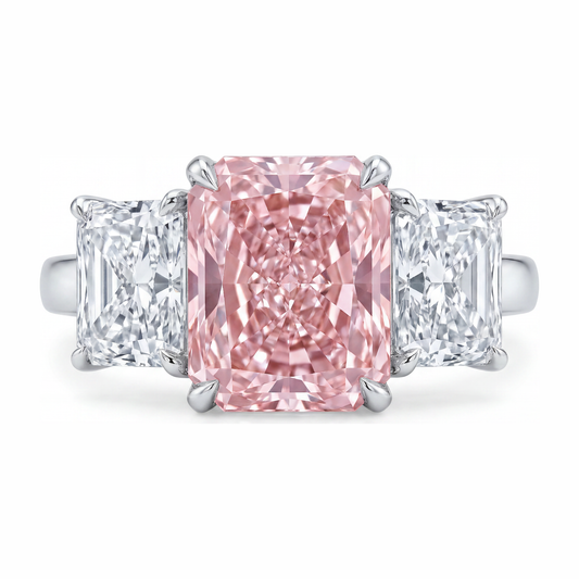 Verlobungsring mit rosa Stein, 5,5 Karat, im Labor gezüchtet, Diamant im Radiant-Schliff, Drei-Stein-Kathedralfassung, 14 Karat Weißgold