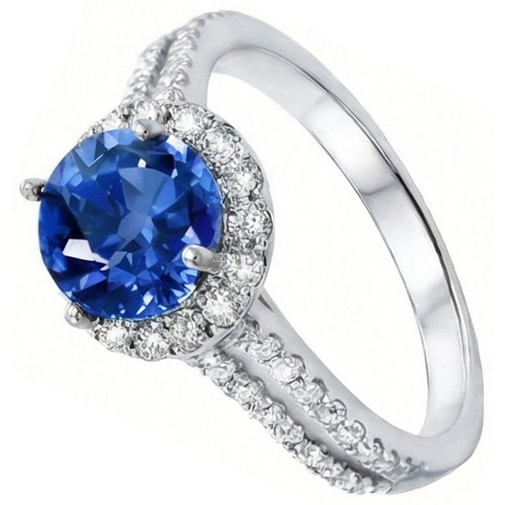 5 Kt. runder Ceylon Saphir mit Diamanten Ring Weißgold 14K