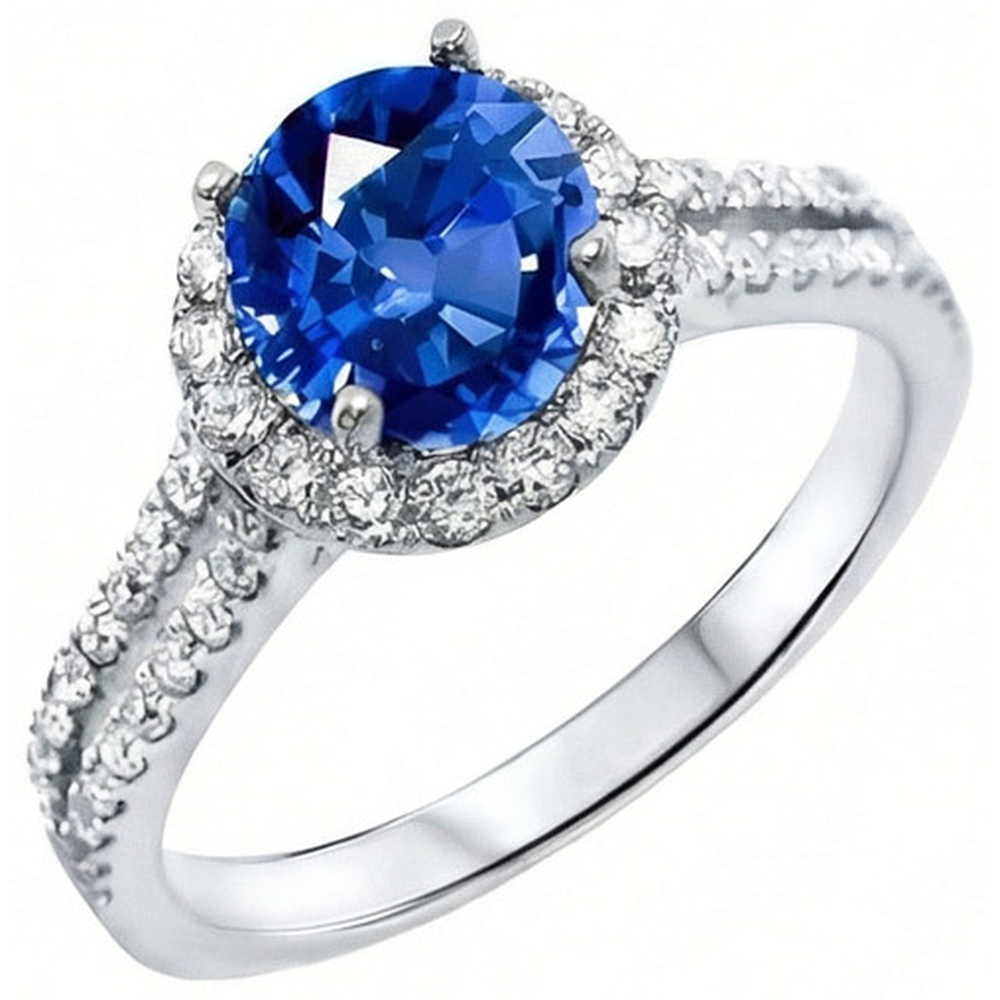 5 Kt. runder Ceylon Saphir mit Diamanten Ring Weißgold 14K