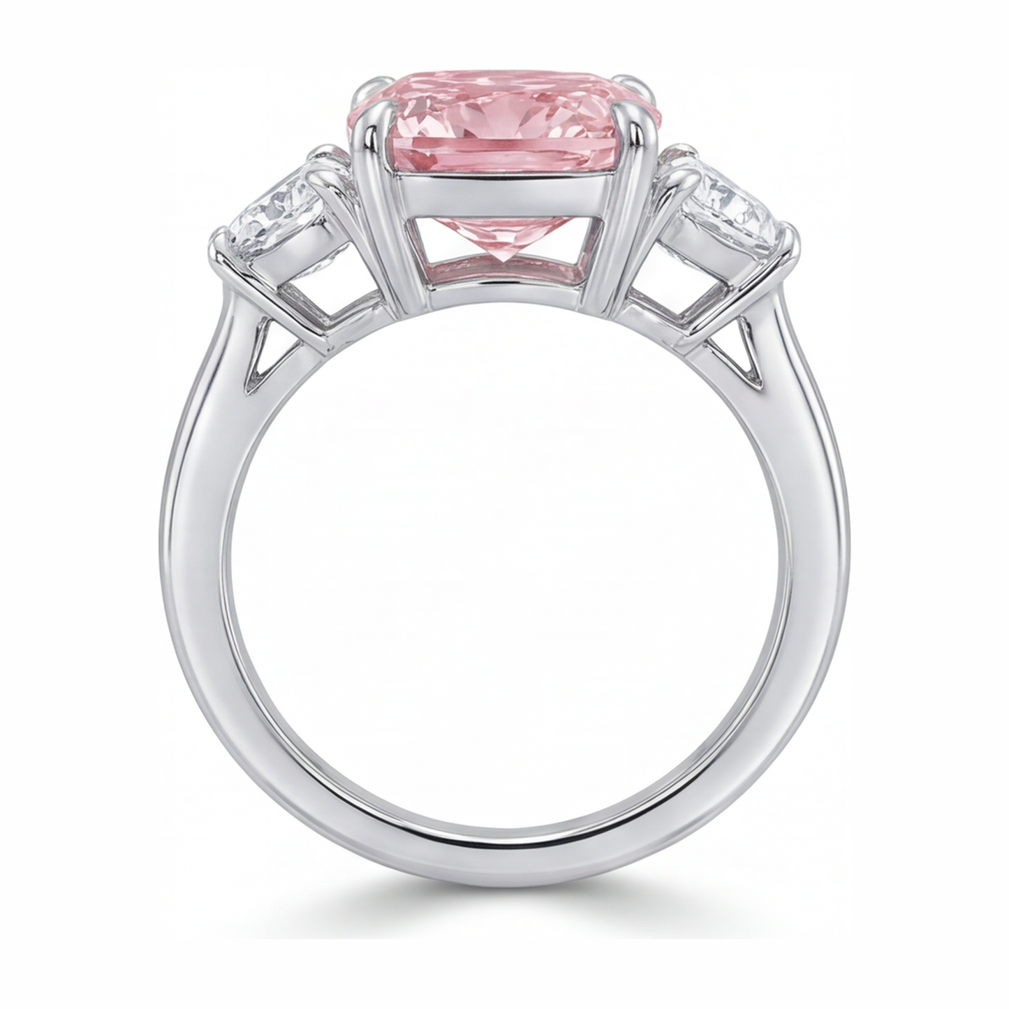 Dreistein-Ring mit pinkfarbenem Diamanten, 5 Karat, im Labor gezüchtet, Kissenschliff, 14 Karat Weißgold