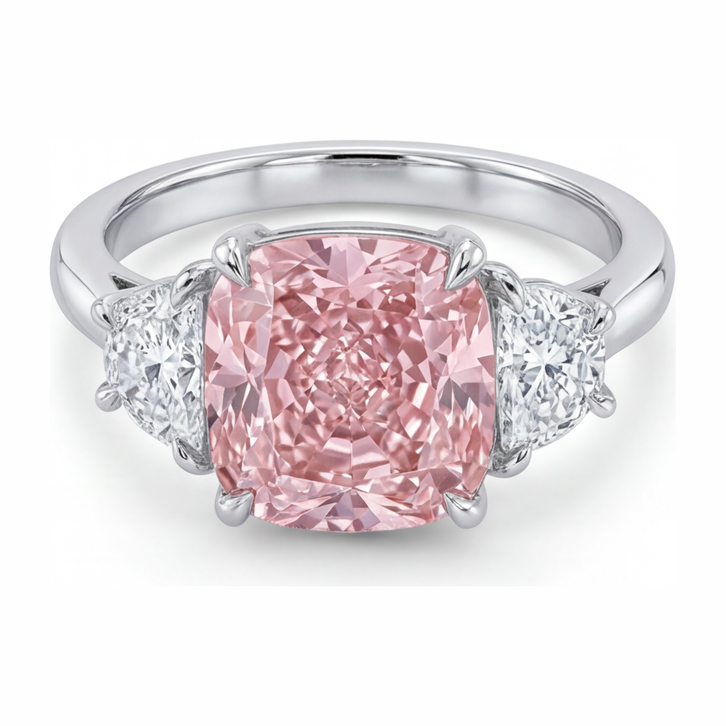 Dreistein-Ring mit pinkfarbenem Diamanten, 5 Karat, im Labor gezüchtet, Kissenschliff, 14 Karat Weißgold