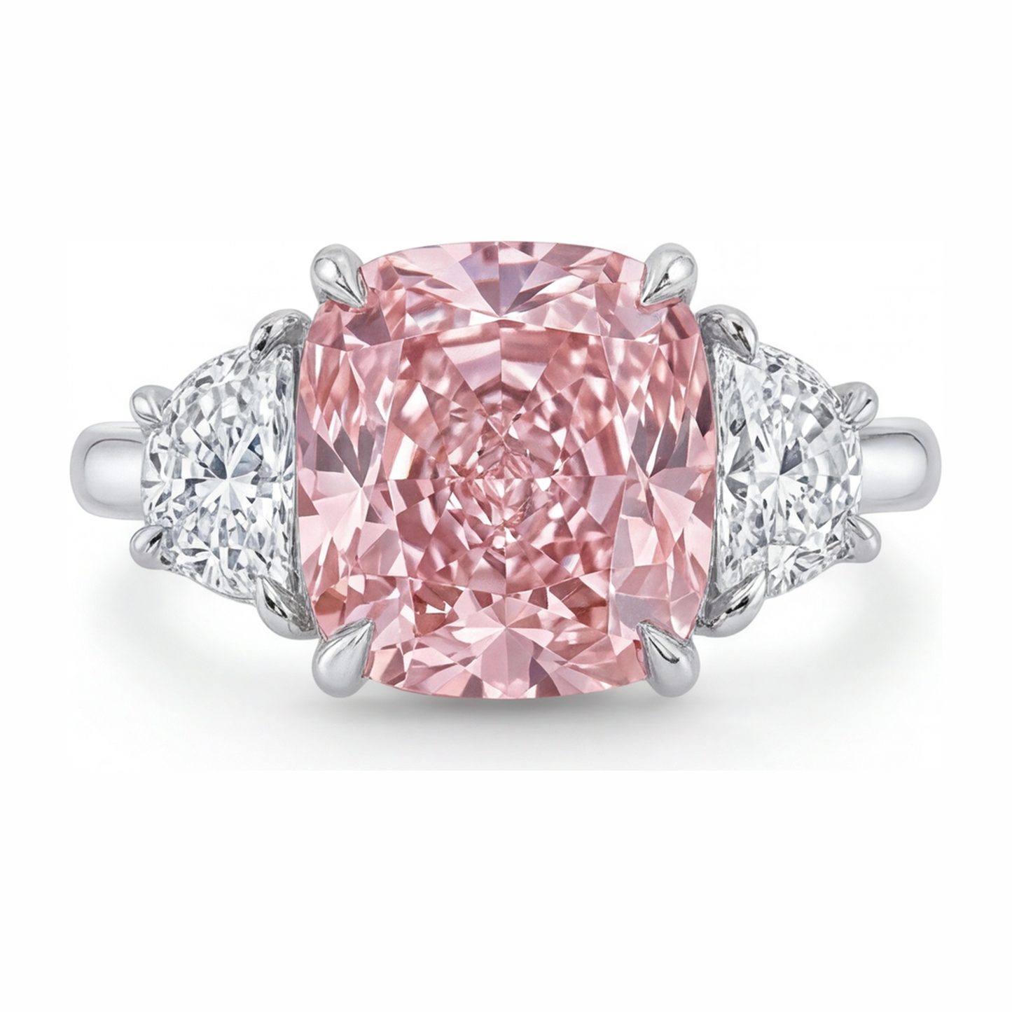 Dreistein-Ring mit pinkfarbenem Diamanten, 5 Karat, im Labor gezüchtet, Kissenschliff, 14 Karat Weißgold