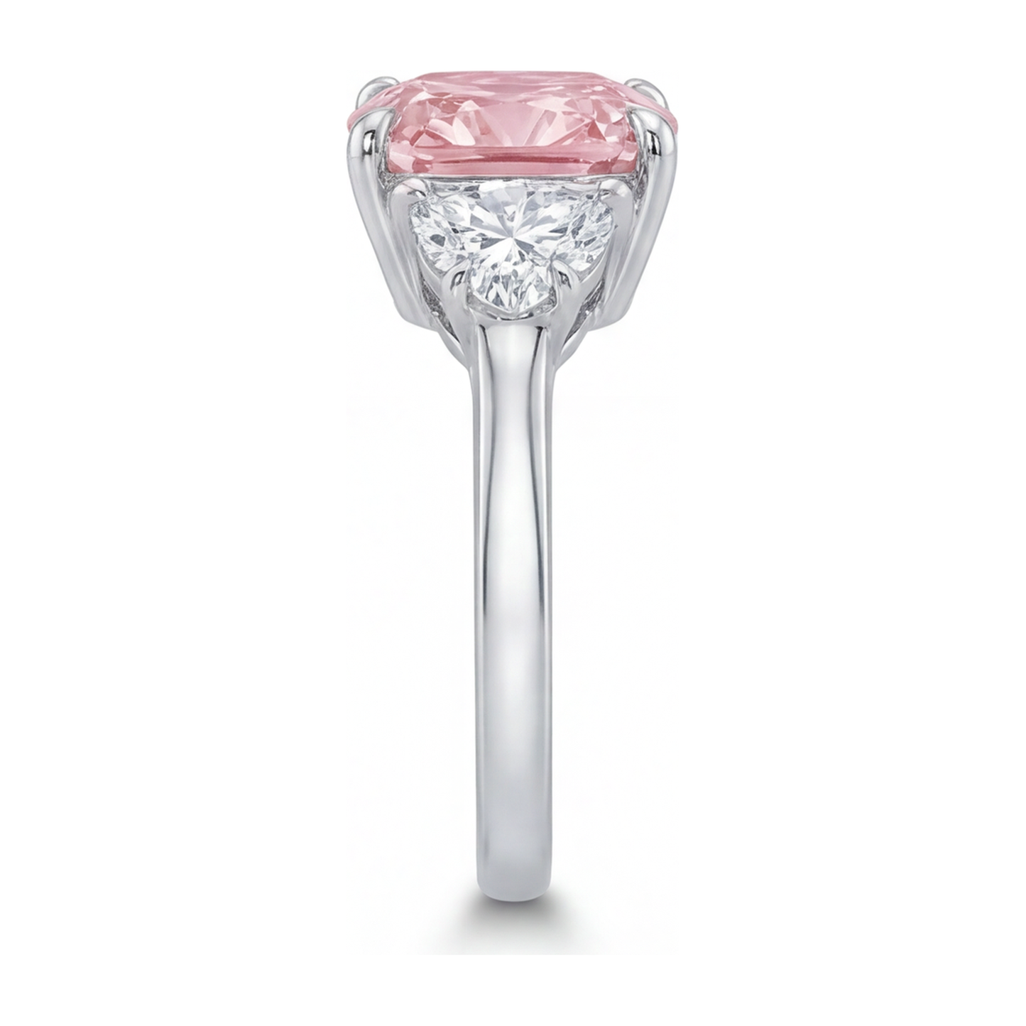 Dreistein-Ring mit pinkfarbenem Diamanten, 5 Karat, im Labor gezüchtet, Kissenschliff, 14 Karat Weißgold