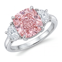 Dreistein-Ring mit pinkfarbenem Diamanten, 5 Karat, im Labor gezüchtet, Kissenschliff, 14 Karat Weißgold