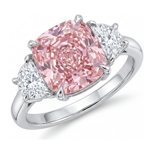 Dreistein-Ring mit pinkfarbenem Diamanten, 5 Karat, im Labor gezüchtet, Kissenschliff, 14 Karat Weißgold