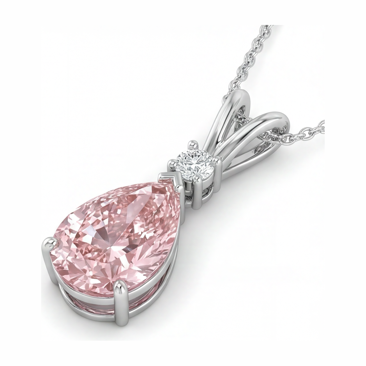 Halskette mit rosa Diamant, 5 Karat, im Labor gezüchtet, Tropfenschliff, Solitär-Anhänger, geteilter Schaft, 14 Karat Weißgold