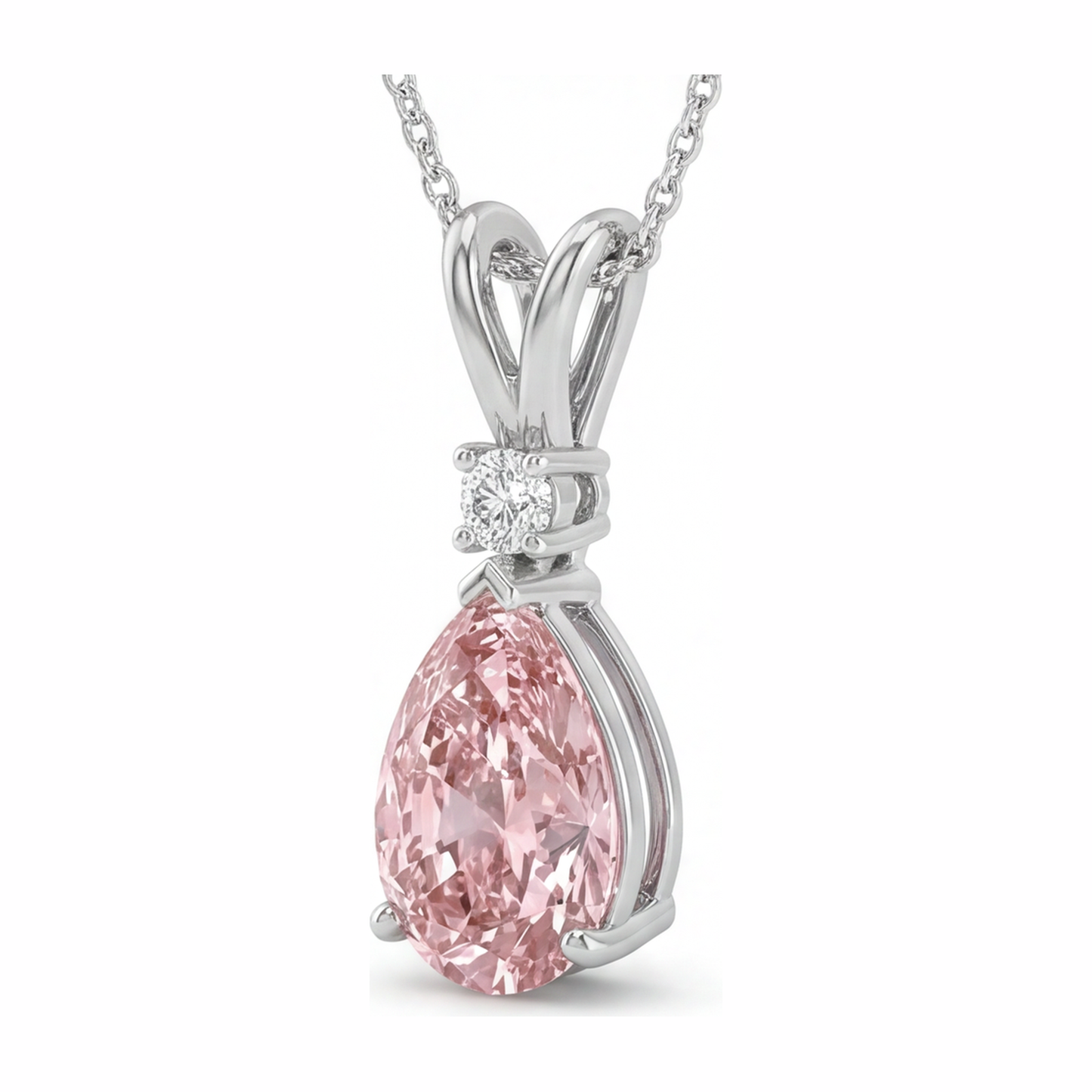 Halskette mit rosa Diamant, 5 Karat, im Labor gezüchtet, Tropfenschliff, Solitär-Anhänger, geteilter Schaft, 14 Karat Weißgold