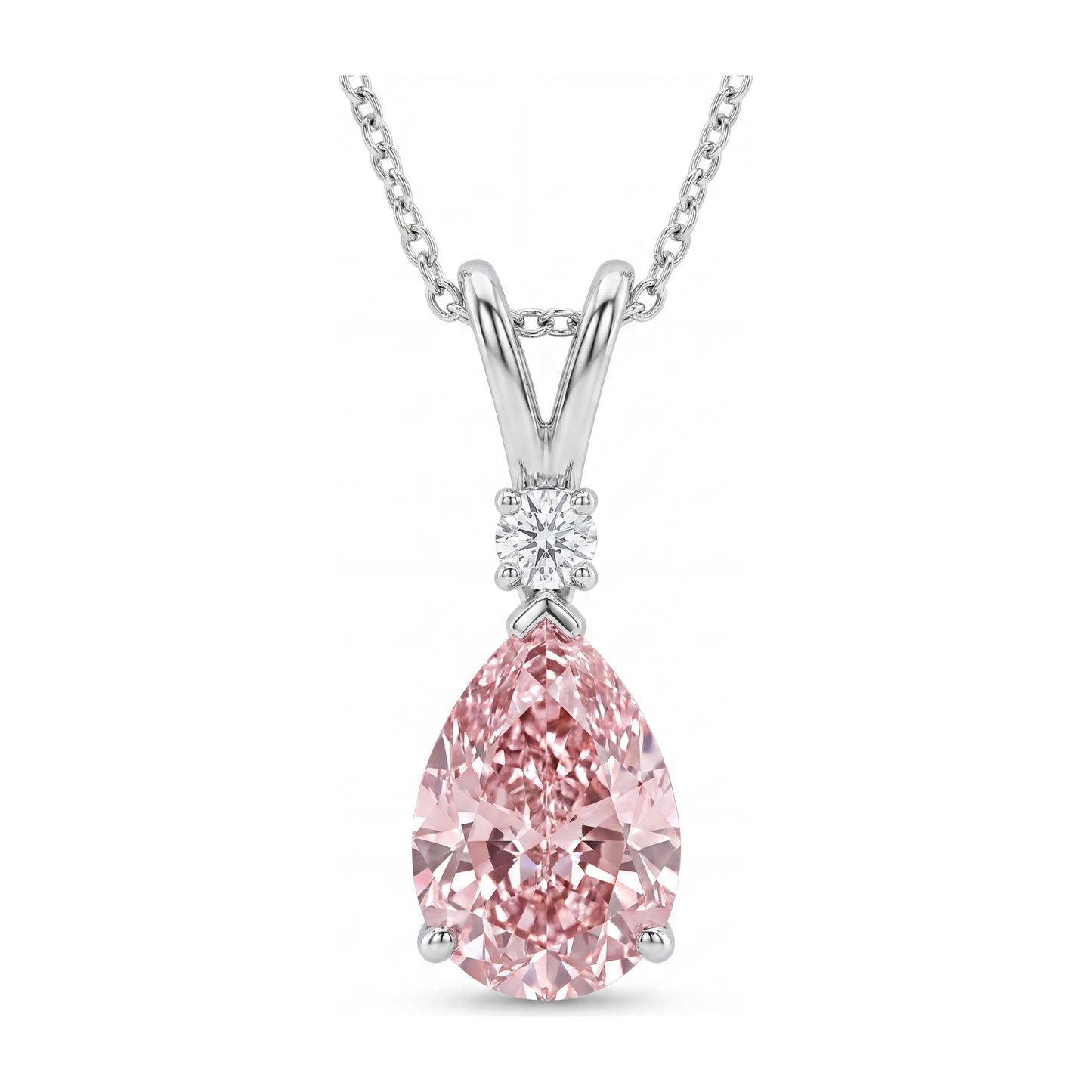 Halskette mit rosa Diamant, 5 Karat, im Labor gezüchtet, Tropfenschliff, Solitär-Anhänger, geteilter Schaft, 14 Karat Weißgold