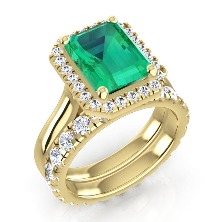 5 Karat Halo Grüner Smaragd Ring Set