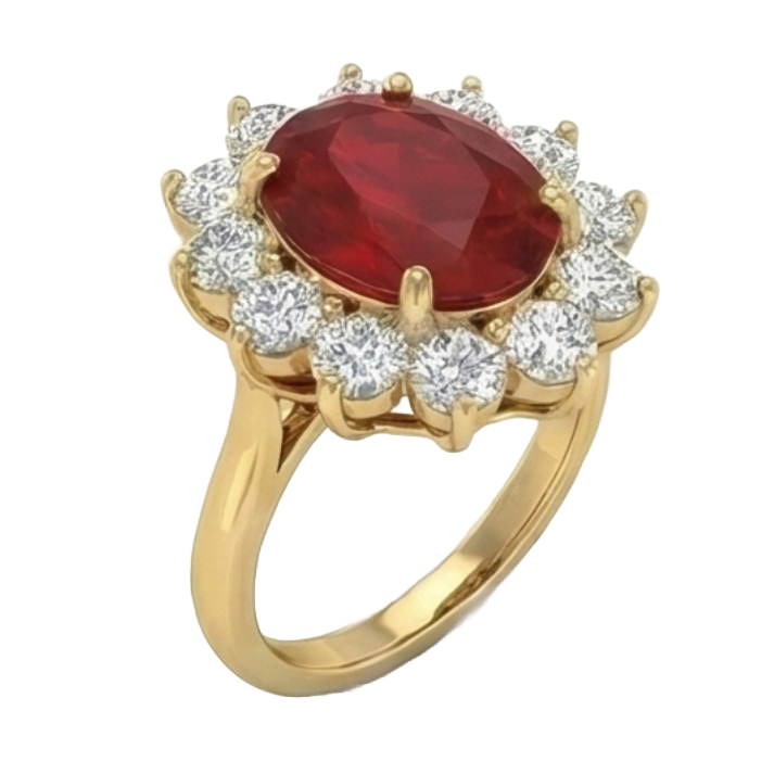 5 Kt Roter Rubin Diamant Ehering 14K Gelbgold