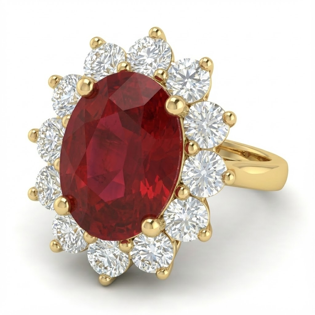 5 Kt Roter Rubin Diamant Ehering 14K Gelbgold
