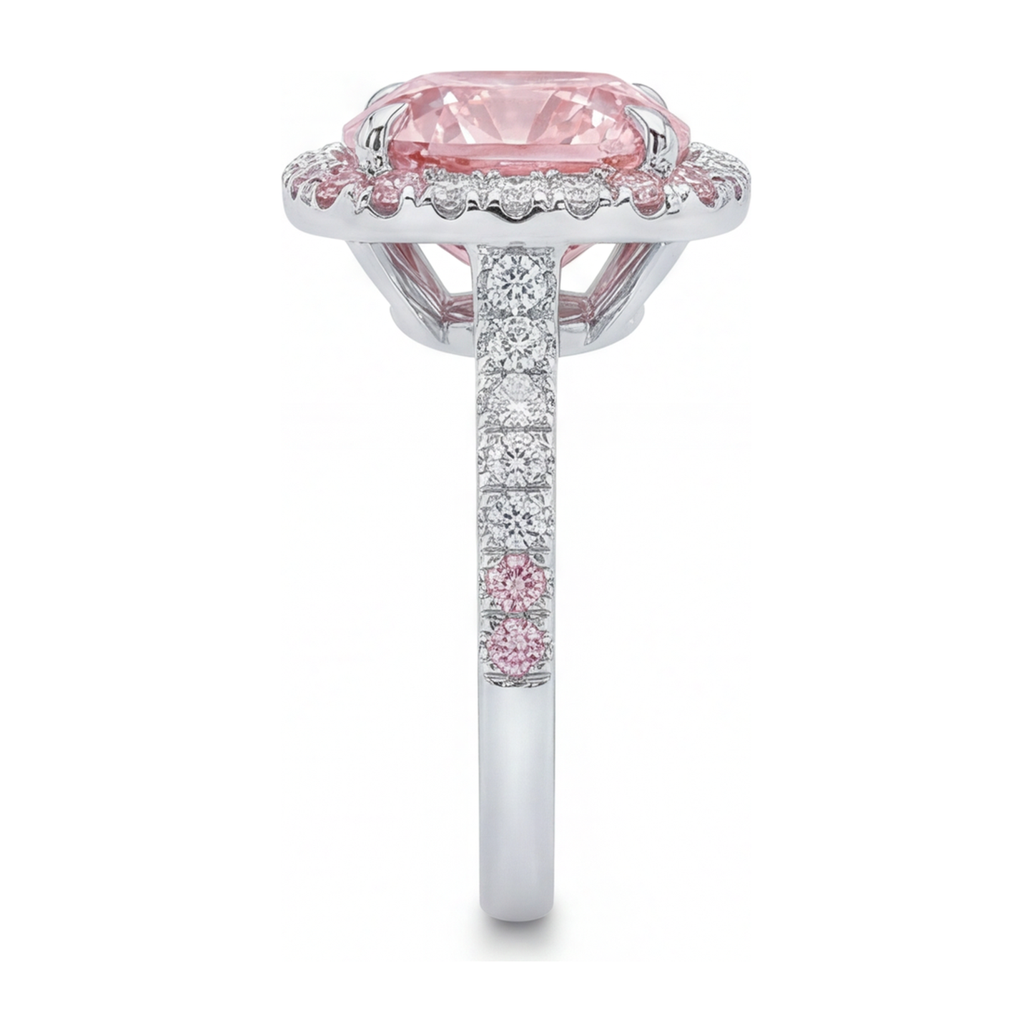 Damenring mit rosa Diamant, 6 Karat, im Labor gezüchtet, Kissenschliff, Doppel-Halo, 14 Karat Weißgold