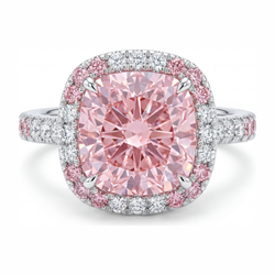 Damenring mit rosa Diamant, 6 Karat, im Labor gezüchtet, Kissenschliff, Doppel-Halo, 14 Karat Weißgold