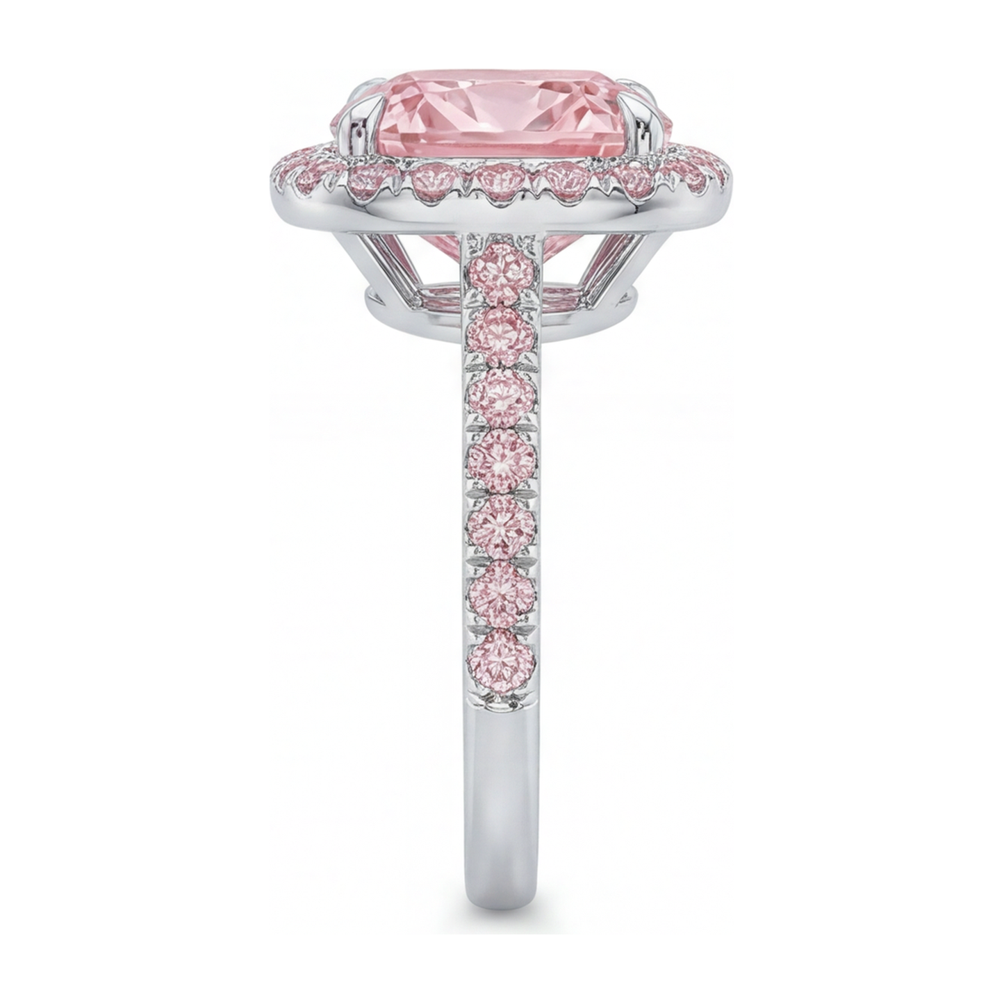 Im Labor gezüchteter rosa Diamant Verlobungsring 6 Karat Kissenschliff Halo Pavé 14 Karat Weißgold