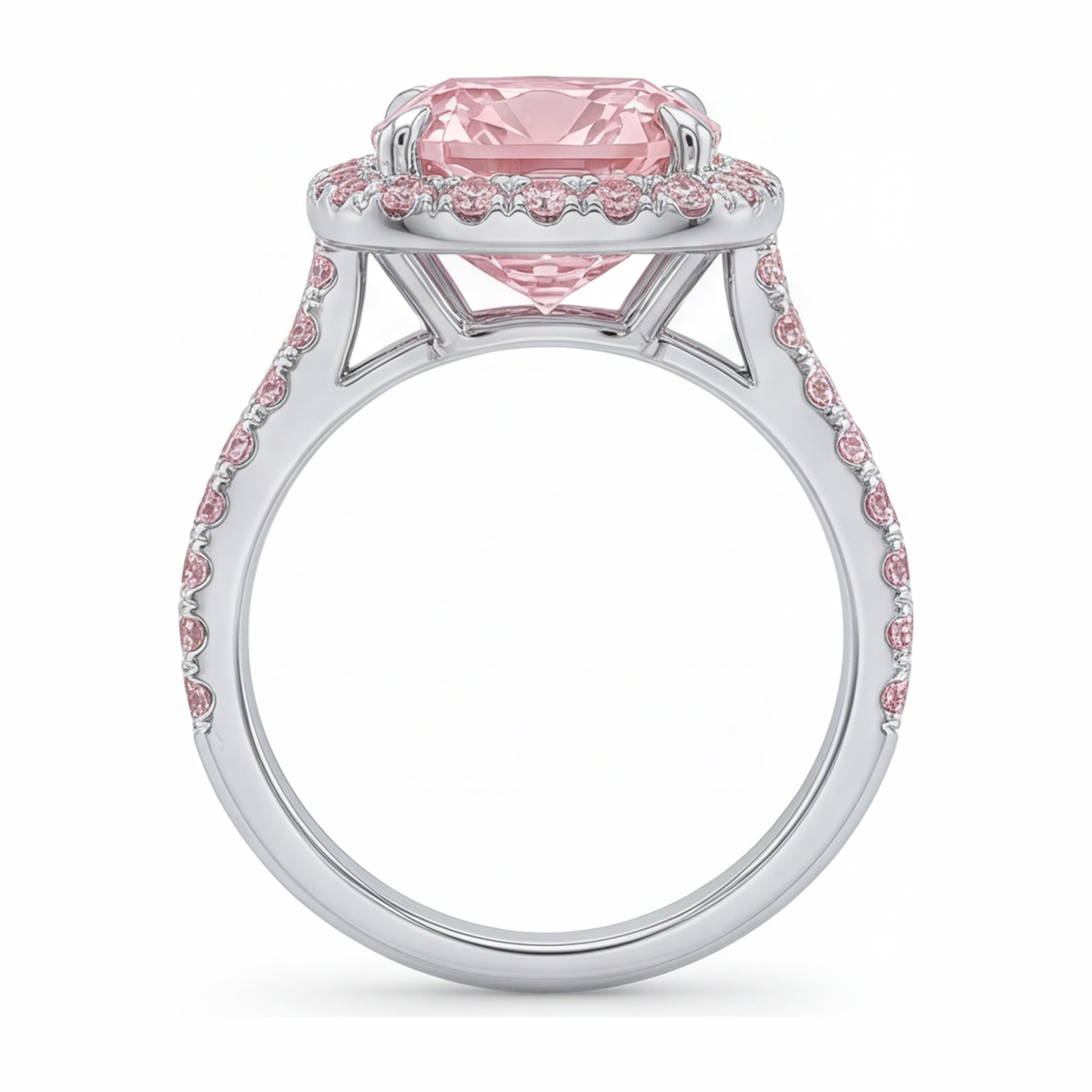 Im Labor gezüchteter rosa Diamant Verlobungsring 6 Karat Kissenschliff Halo Pavé 14 Karat Weißgold