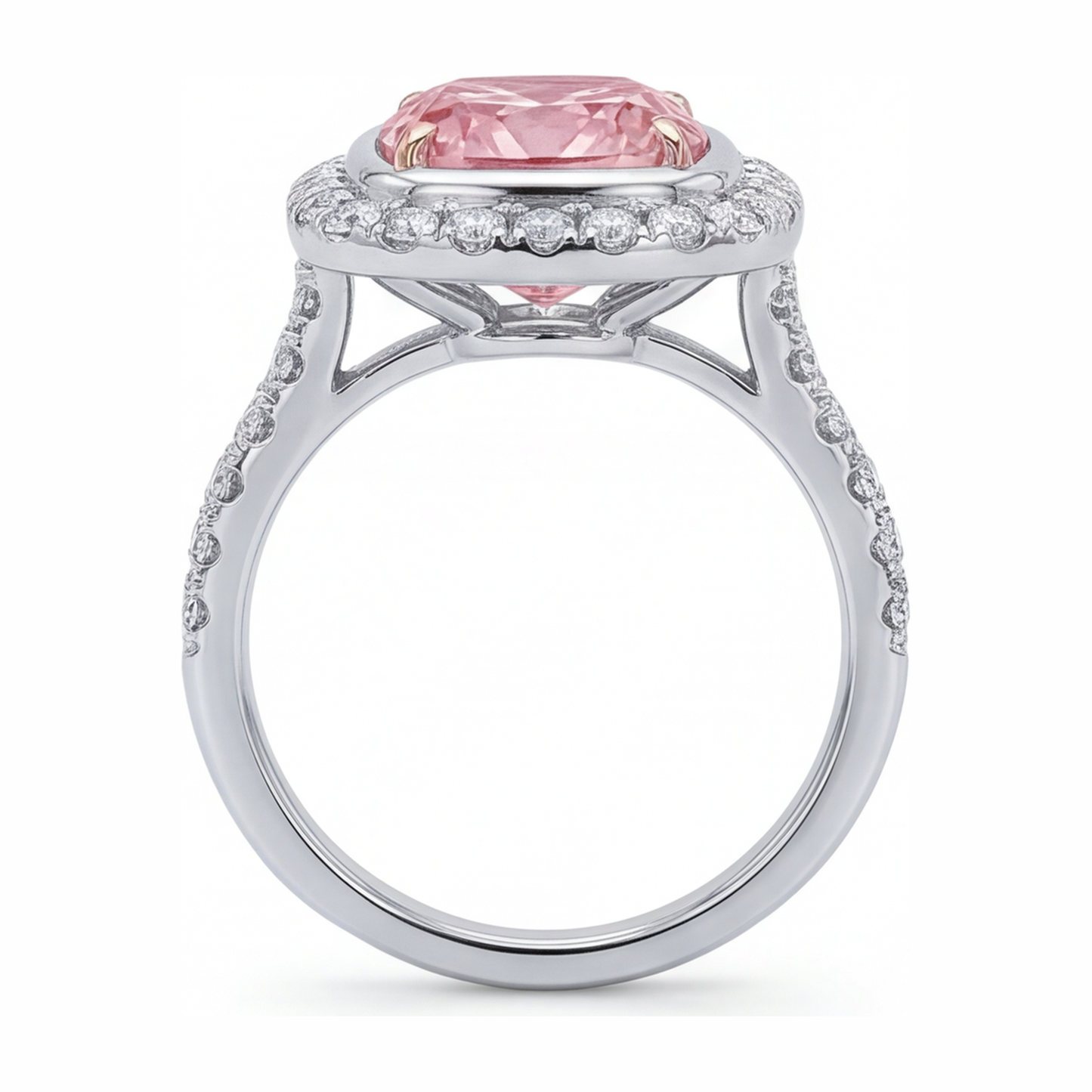 Rosa Diamantring 6 Karat im Labor gezüchtet Kissenschliff Halo Pavé 14 Karat Weißgold