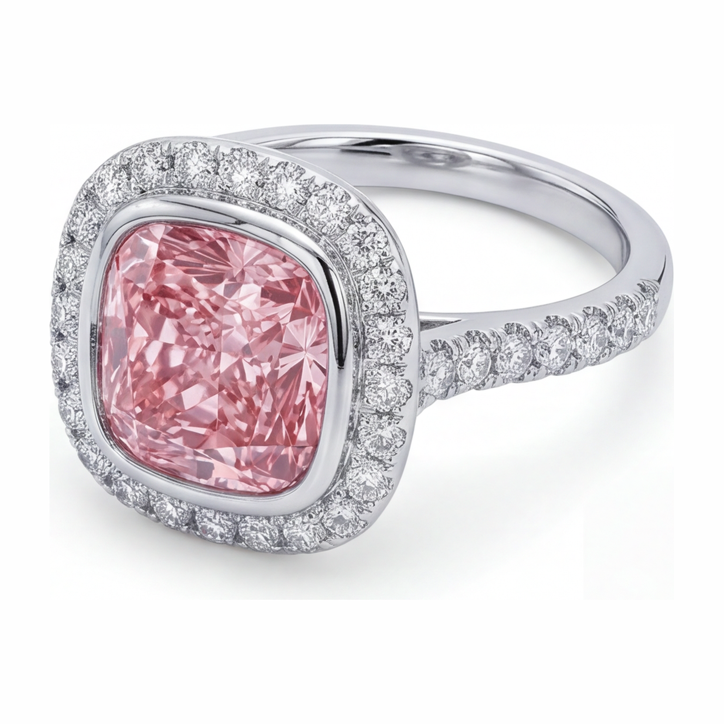 Rosa Diamantring 6 Karat im Labor gezüchtet Kissenschliff Halo Pavé 14 Karat Weißgold