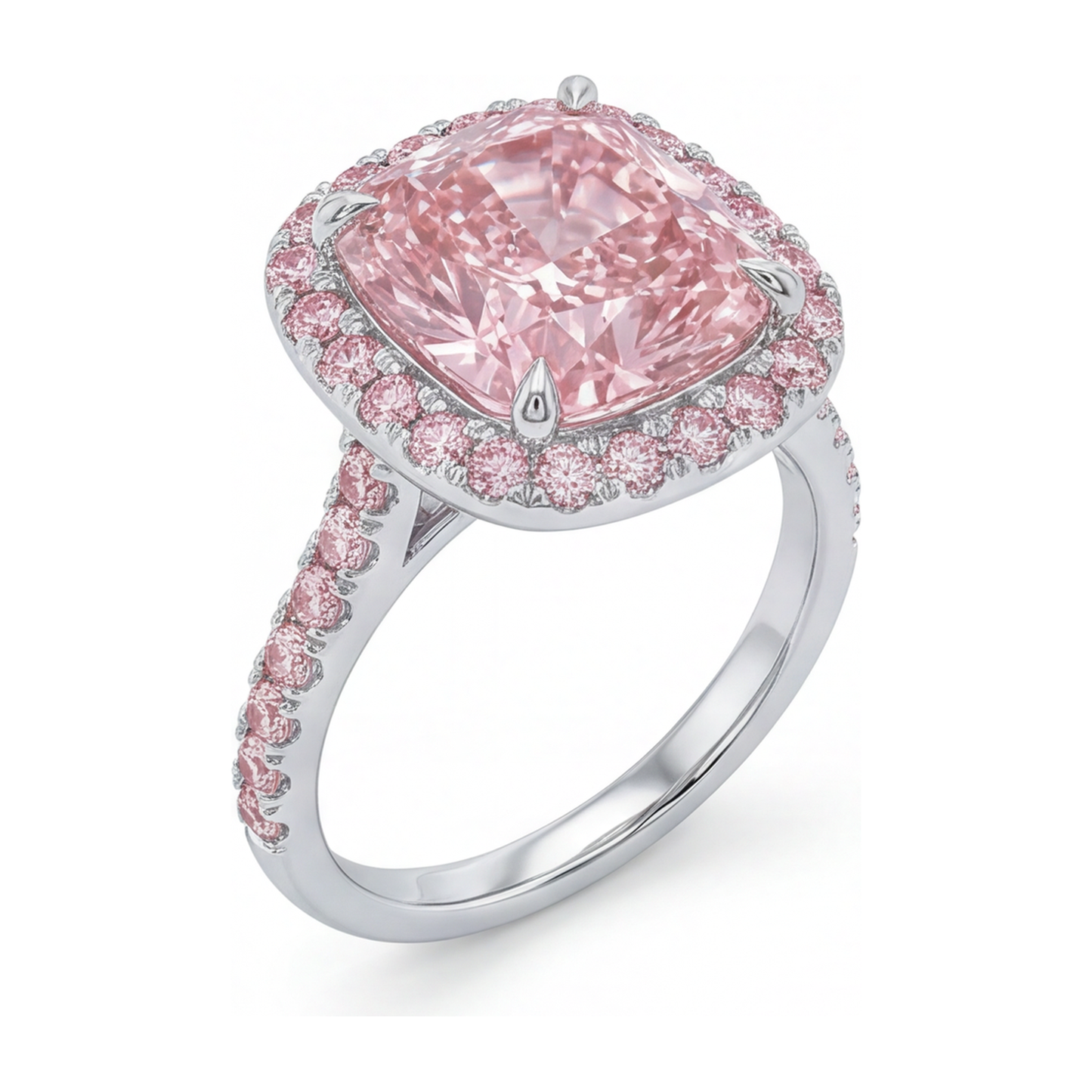 Im Labor gezüchteter rosa Diamant Verlobungsring 6 Karat Kissenschliff Halo Pavé 14 Karat Weißgold
