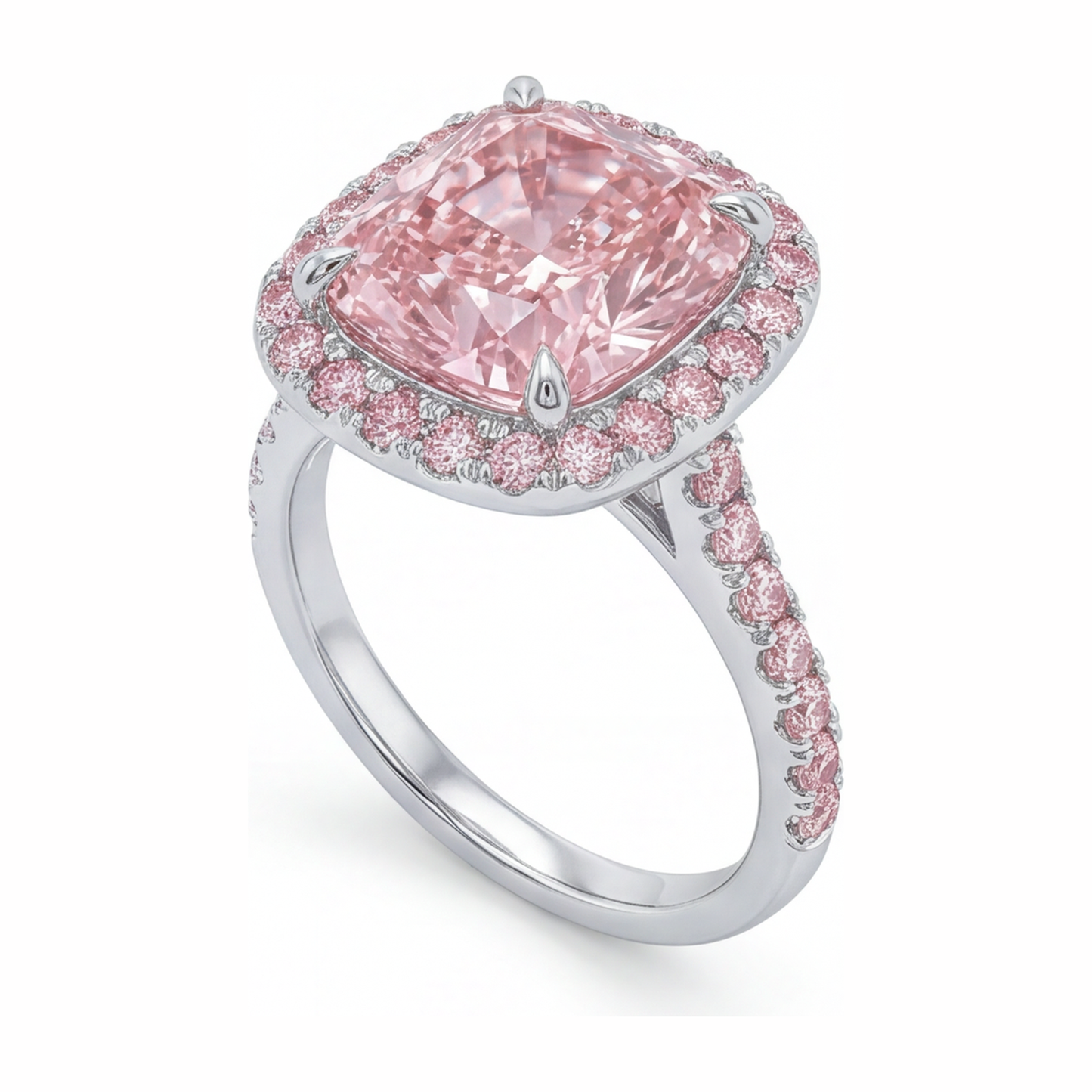 Im Labor gezüchteter rosa Diamant Verlobungsring 6 Karat Kissenschliff Halo Pavé 14 Karat Weißgold