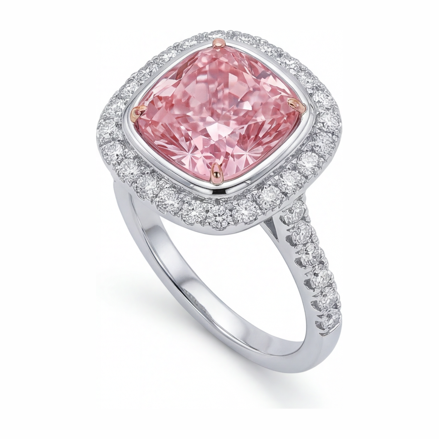 Rosa Diamantring 6 Karat im Labor gezüchtet Kissenschliff Halo Pavé 14 Karat Weißgold