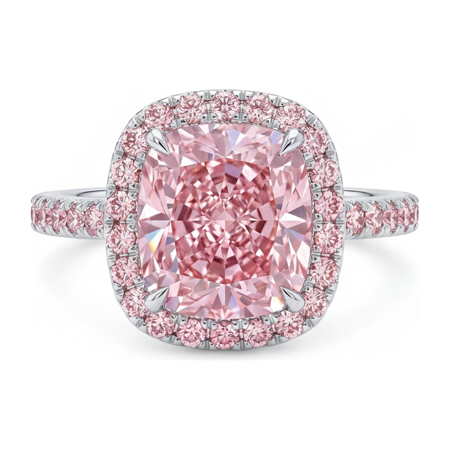 Im Labor gezüchteter rosa Diamant Verlobungsring 6 Karat Kissenschliff Halo Pavé 14 Karat Weißgold