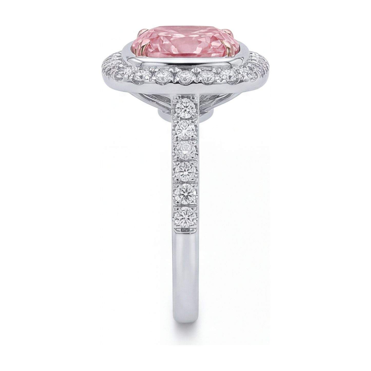 Rosa Diamantring 6 Karat im Labor gezüchtet Kissenschliff Halo Pavé 14 Karat Weißgold