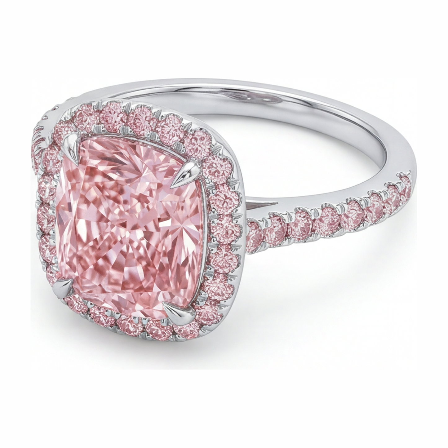 Im Labor gezüchteter rosa Diamant Verlobungsring 6 Karat Kissenschliff Halo Pavé 14 Karat Weißgold