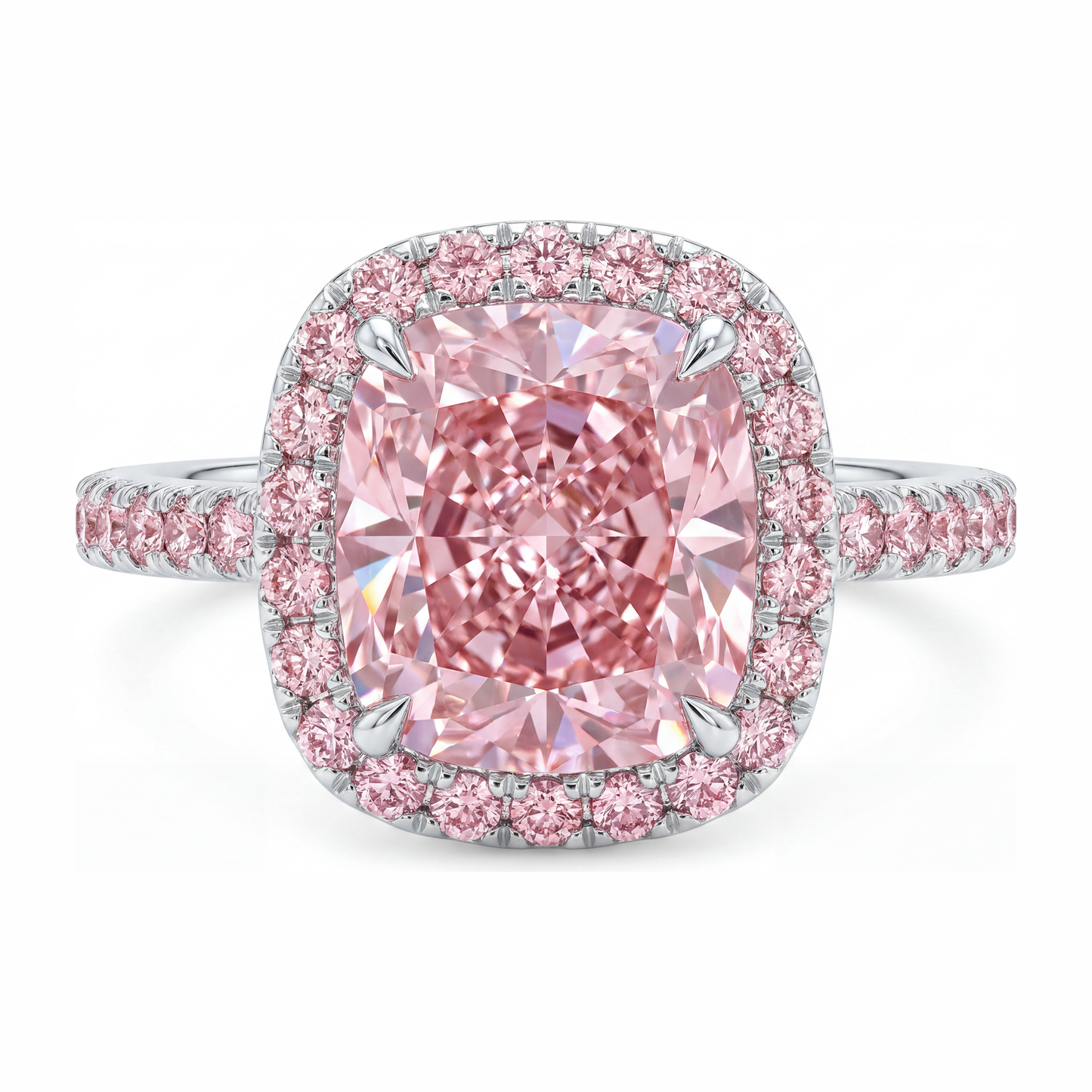 Im Labor gezüchteter rosa Diamant Verlobungsring 6 Karat Kissenschliff Halo Pavé 14 Karat Weißgold