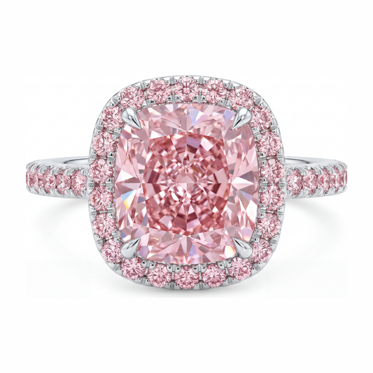 Im Labor gezüchteter rosa Diamant Verlobungsring 6 Karat Kissenschliff Halo Pavé 14 Karat Weißgold