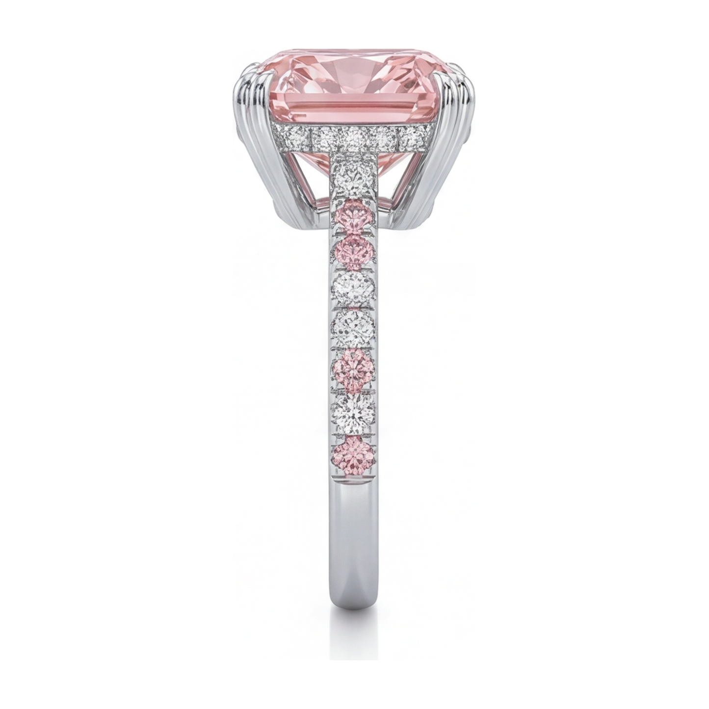 Rosa Diamantring 6 Karat im Labor gezüchtet Kissenschliff Pavé 14 Karat Weißgold