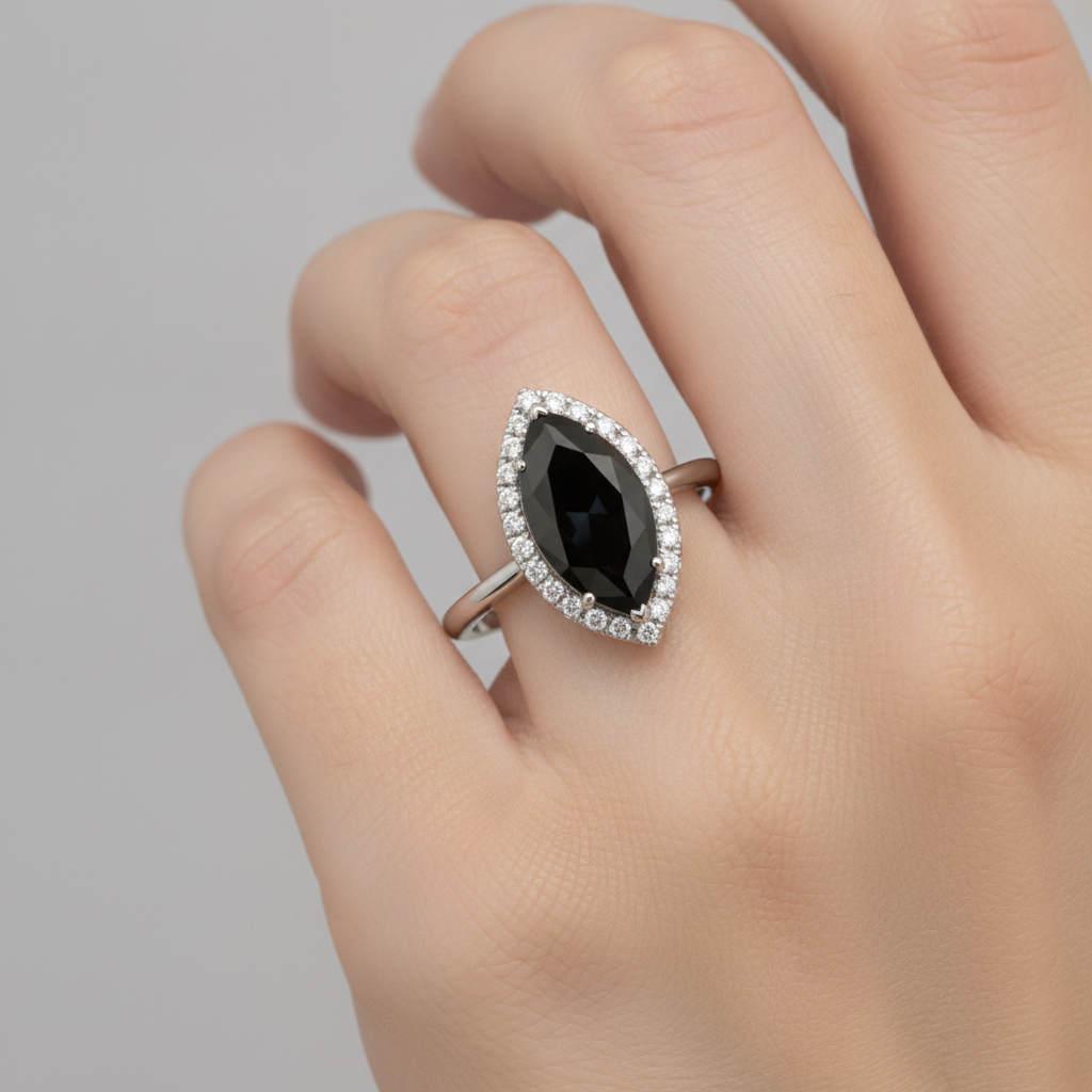 Verlobungsring mit echtem schwarzem Diamant 3 Karat Marquise Halo 14 Karat Weißgold
