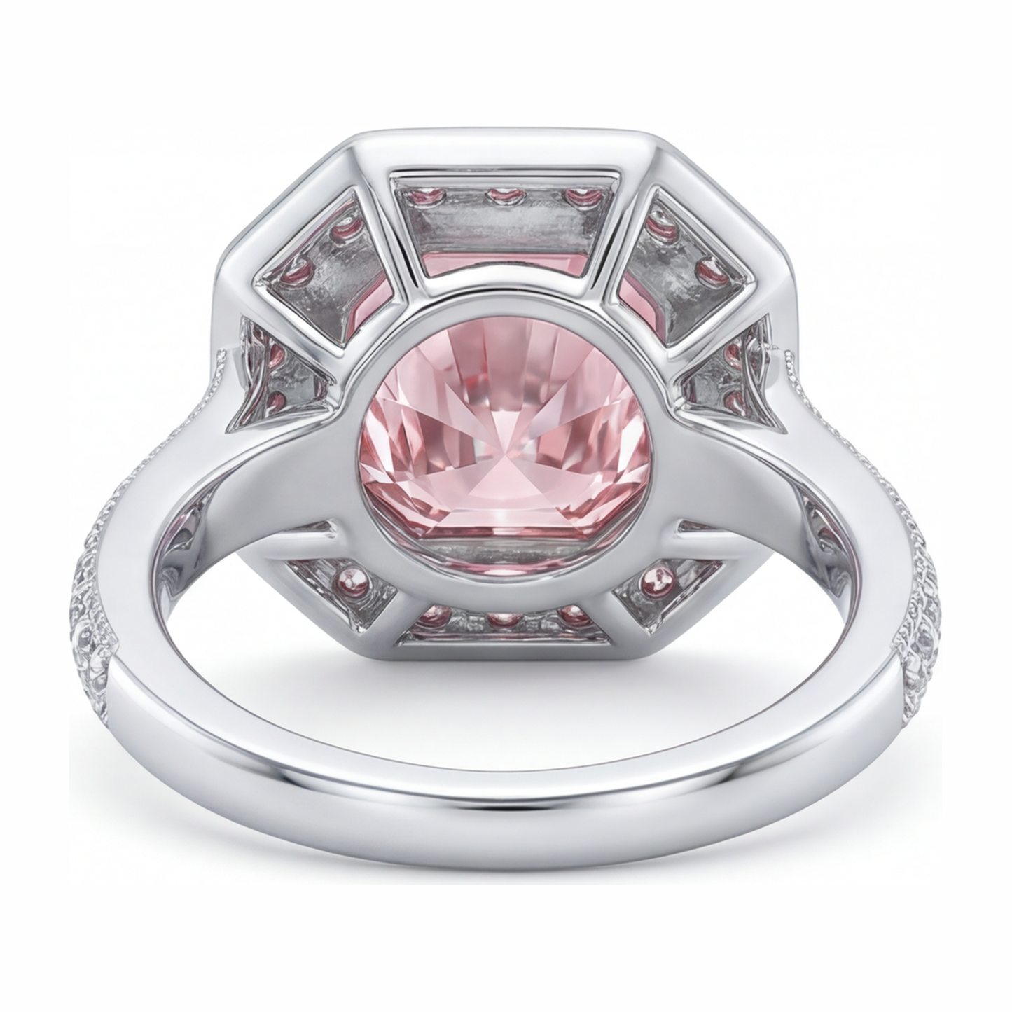 Verlobungsring mit rosa Edelstein, 6 Karat im Labor gezüchteter Diamant im Radiant-Schliff, Halo, 14 Karat Weißgold