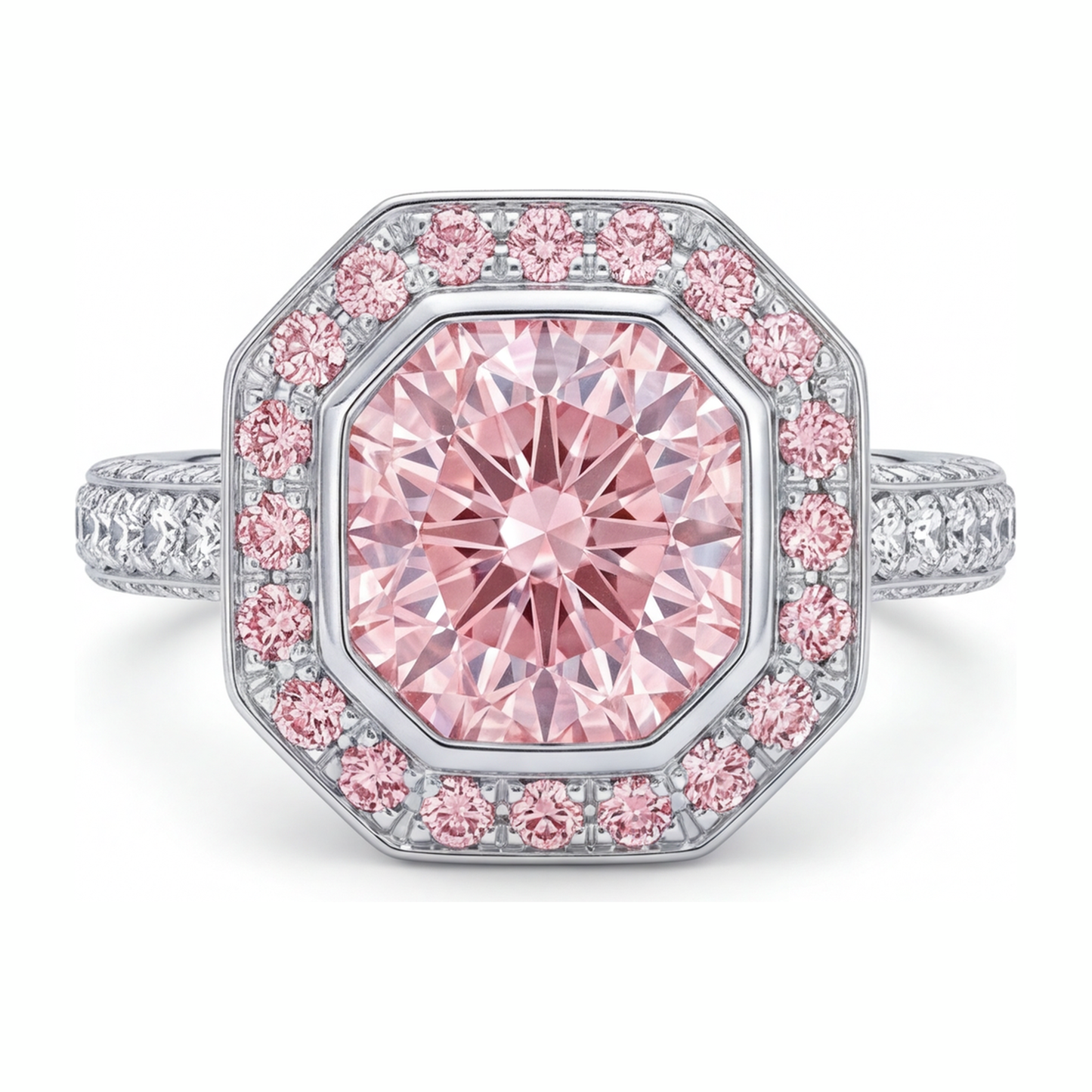 Verlobungsring mit rosa Edelstein, 6 Karat im Labor gezüchteter Diamant im Radiant-Schliff, Halo, 14 Karat Weißgold