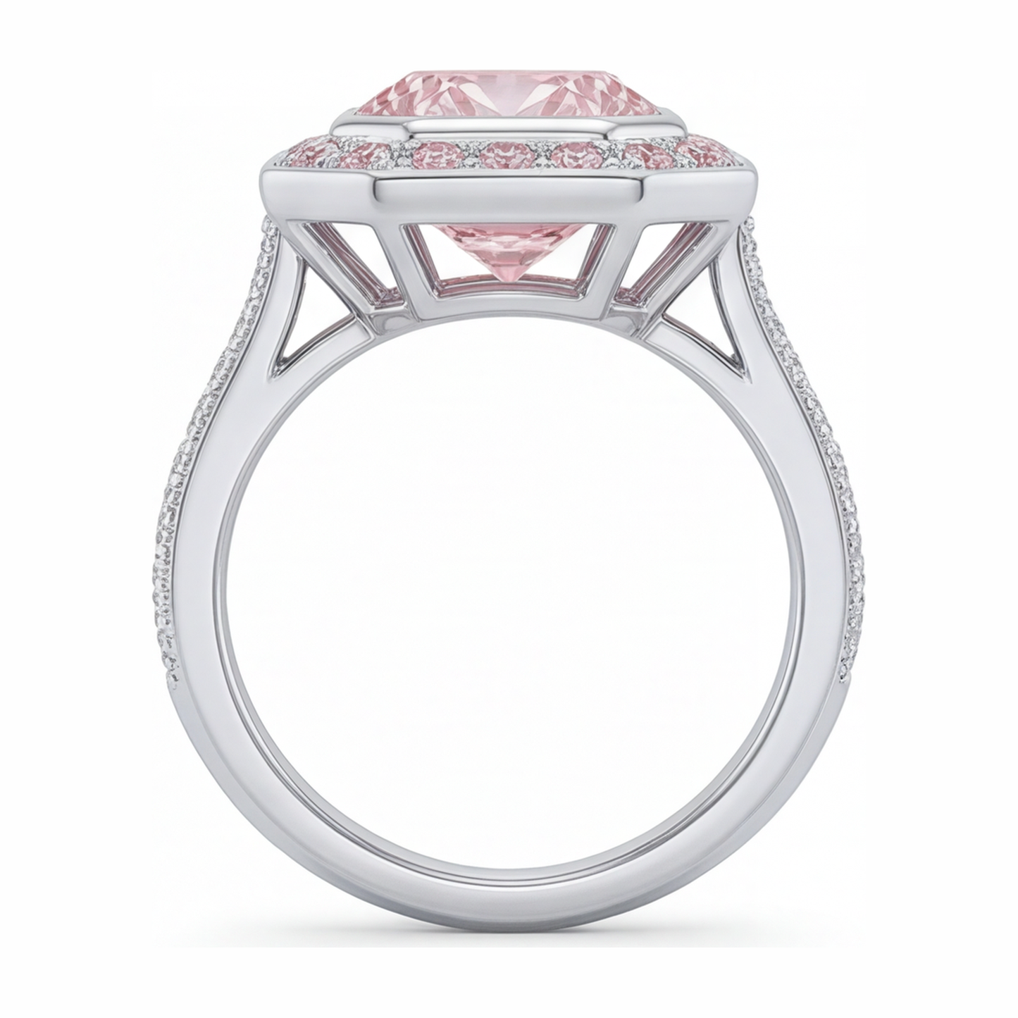 Verlobungsring mit rosa Edelstein, 6 Karat im Labor gezüchteter Diamant im Radiant-Schliff, Halo, 14 Karat Weißgold