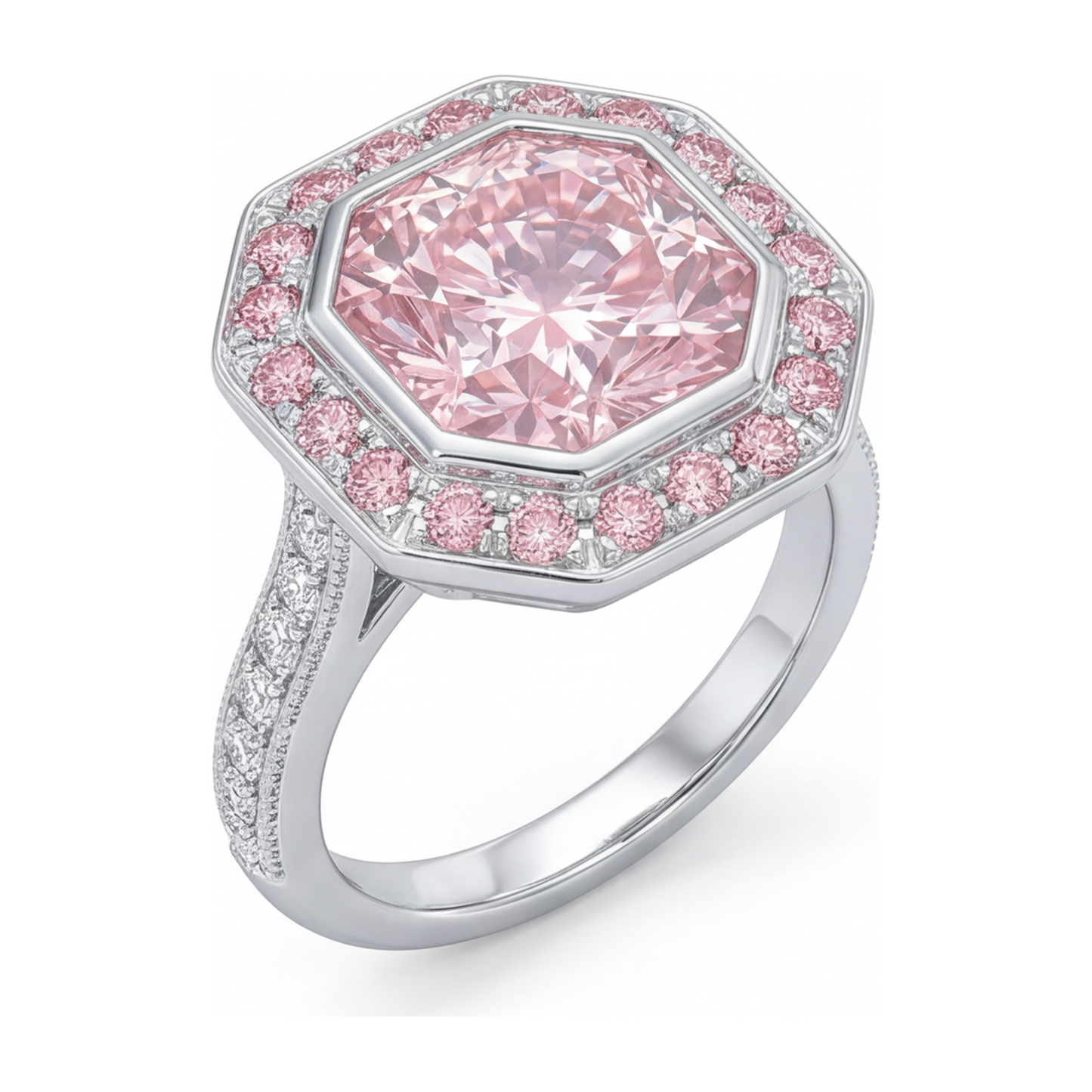 Verlobungsring mit rosa Edelstein, 6 Karat im Labor gezüchteter Diamant im Radiant-Schliff, Halo, 14 Karat Weißgold