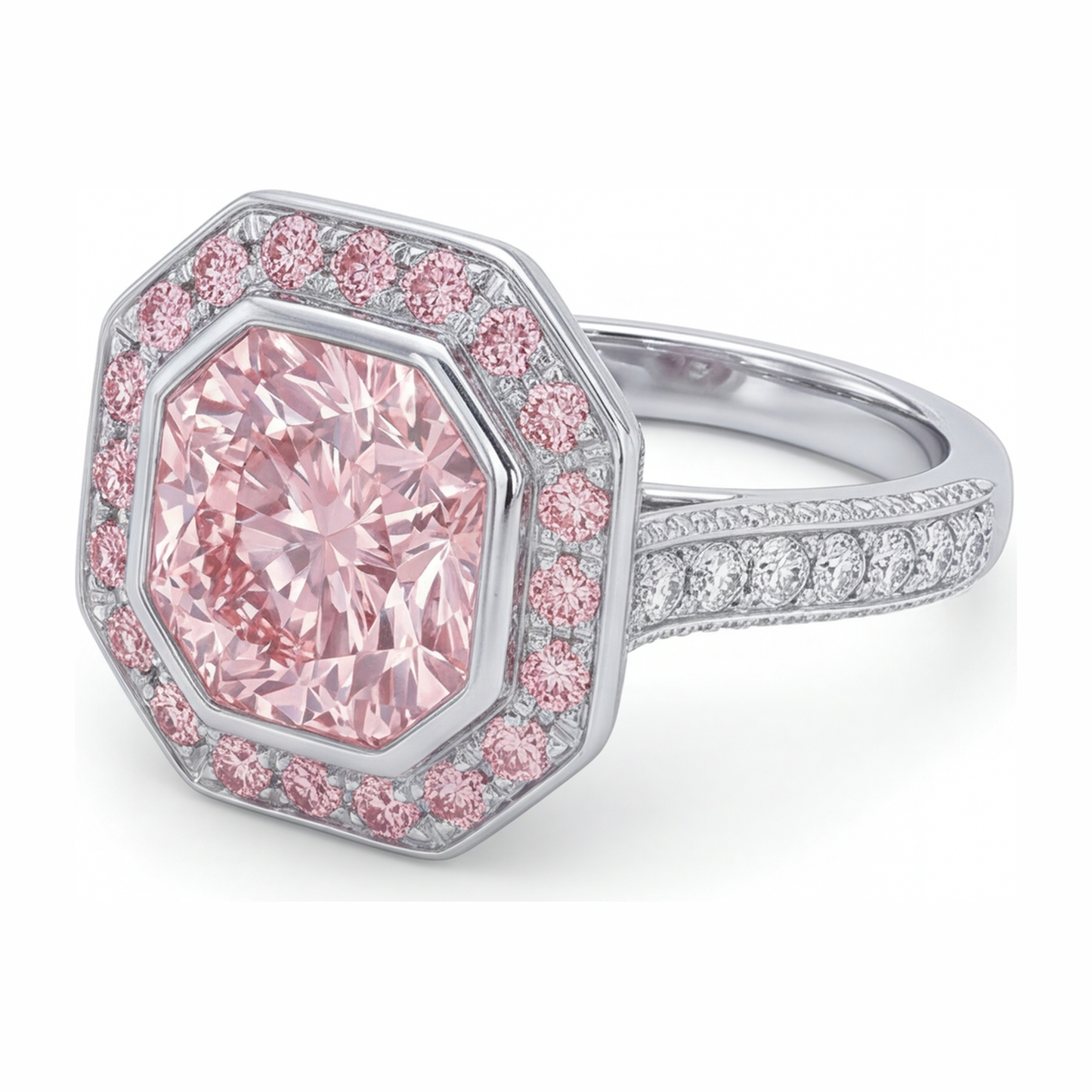 Verlobungsring mit rosa Edelstein, 6 Karat im Labor gezüchteter Diamant im Radiant-Schliff, Halo, 14 Karat Weißgold