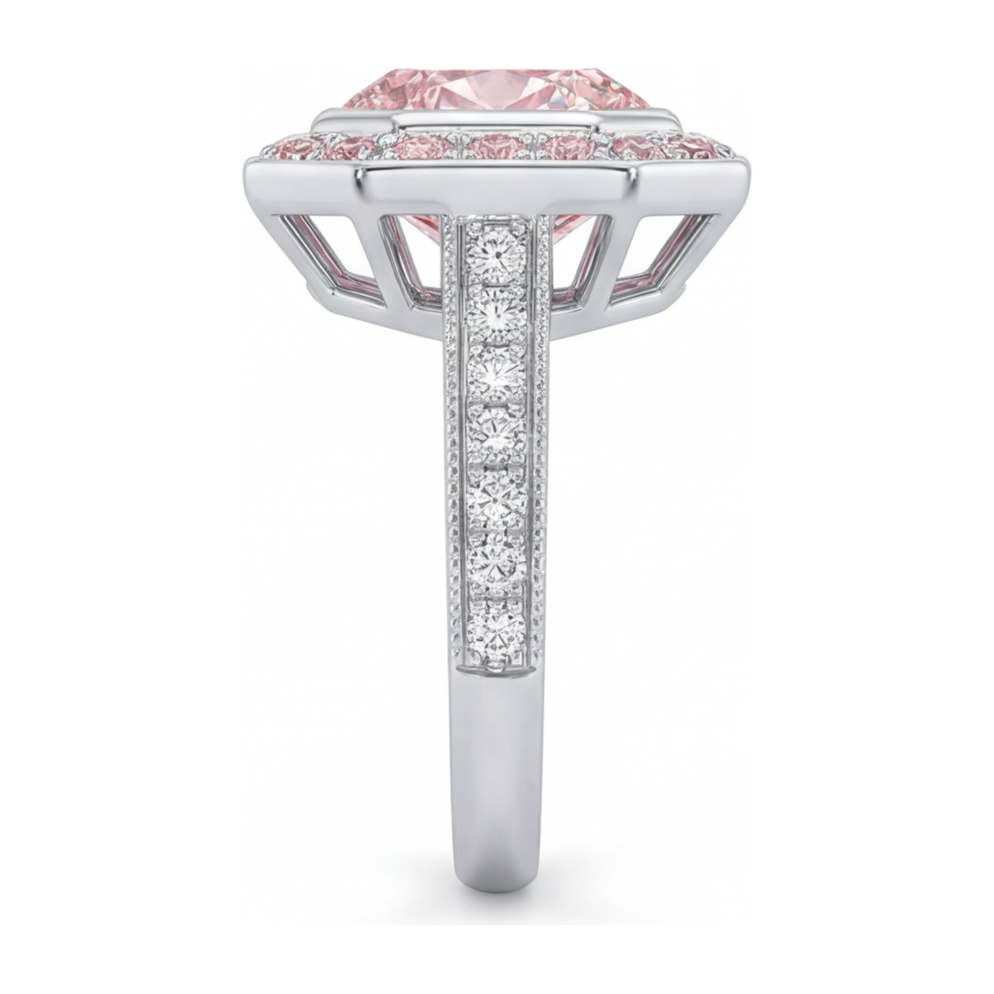 Verlobungsring mit rosa Edelstein, 6 Karat im Labor gezüchteter Diamant im Radiant-Schliff, Halo, 14 Karat Weißgold