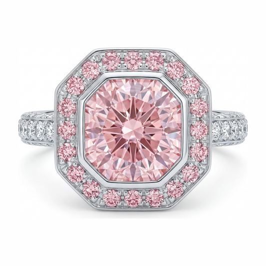 Verlobungsring mit rosa Edelstein, 6 Karat im Labor gezüchteter Diamant im Radiant-Schliff, Halo, 14 Karat Weißgold