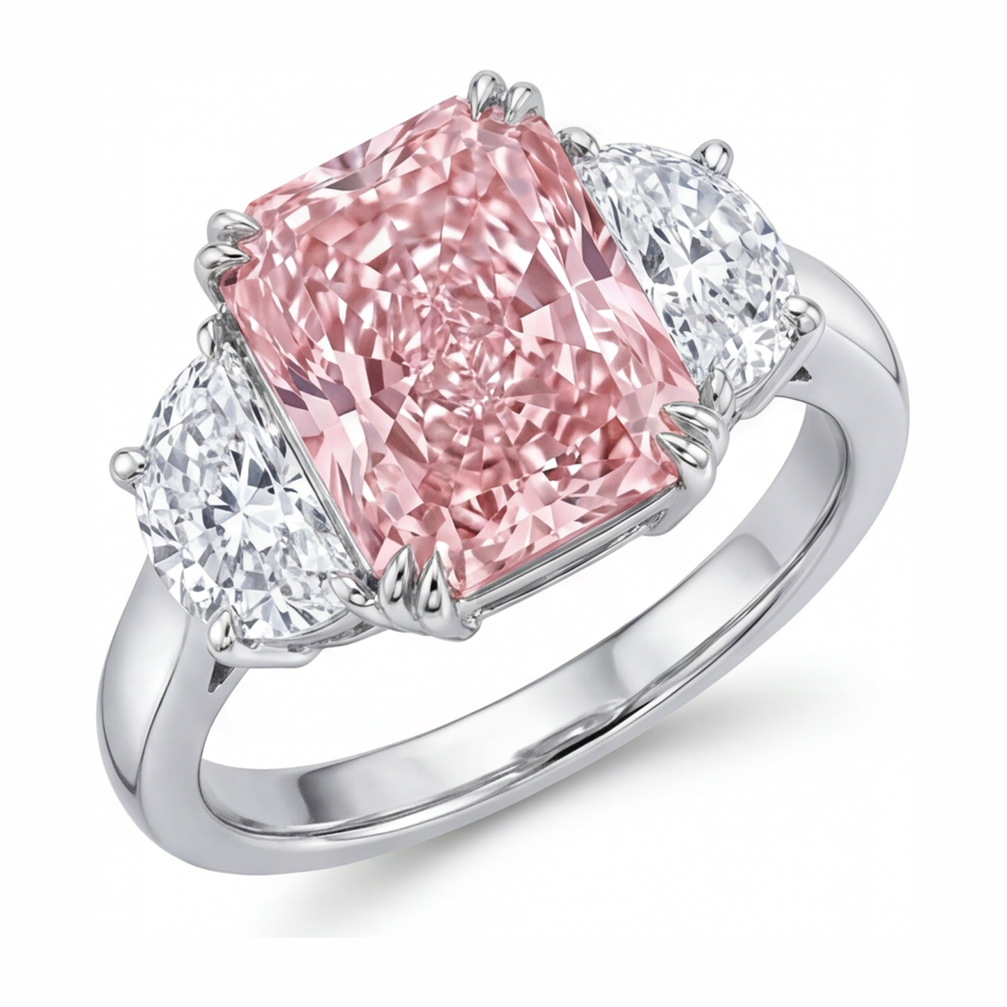 Pinkfarbener Diamantring 6 Karat im Labor gezüchtet Radiant-Schliff Drei-Stein Schlicht 14 Karat Weißgold