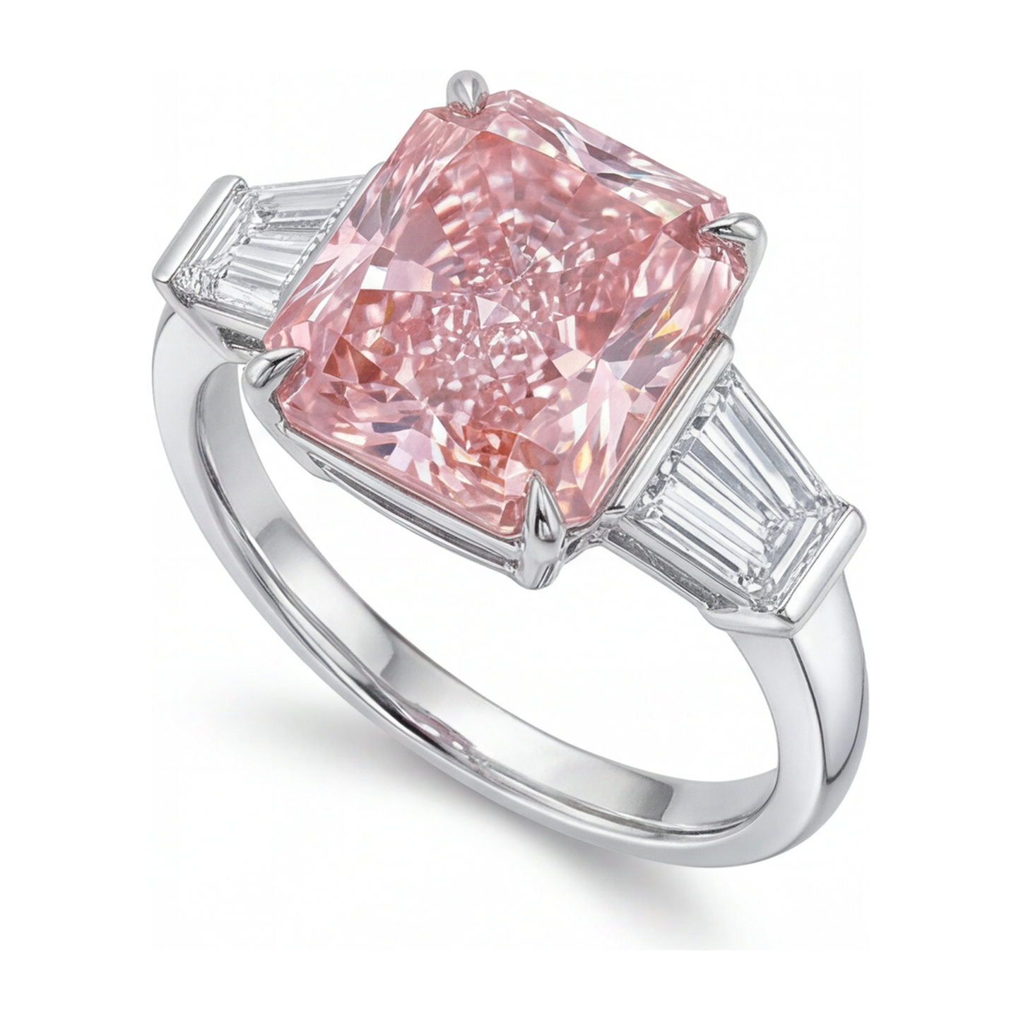 Dreistein-Ring mit rosa Diamant, 6 Karat, im Labor gezüchtet, Radiant-Schliff, Kathedralfassung, 14 Karat Weißgold
