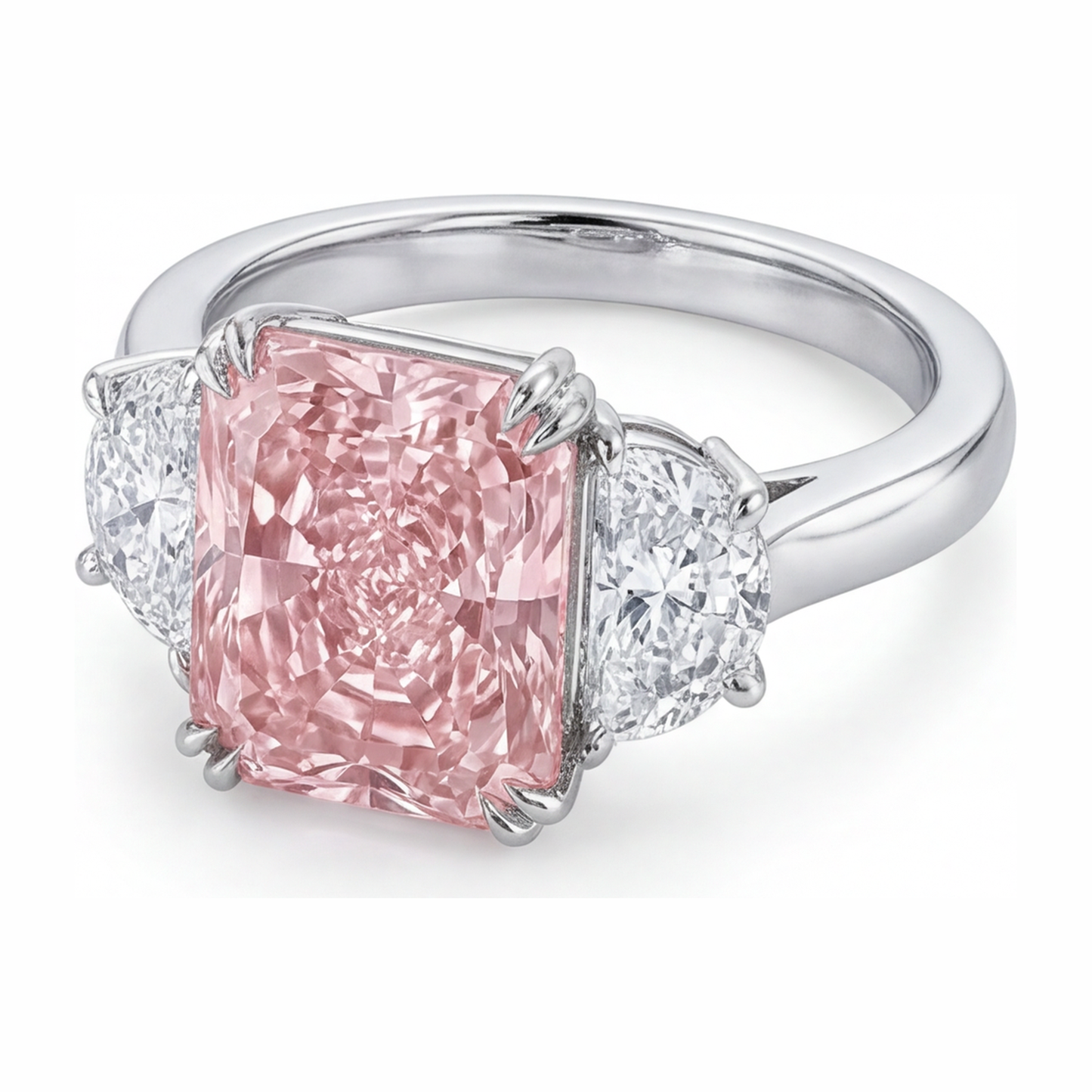 Pinkfarbener Diamantring 6 Karat im Labor gezüchtet Radiant-Schliff Drei-Stein Schlicht 14 Karat Weißgold
