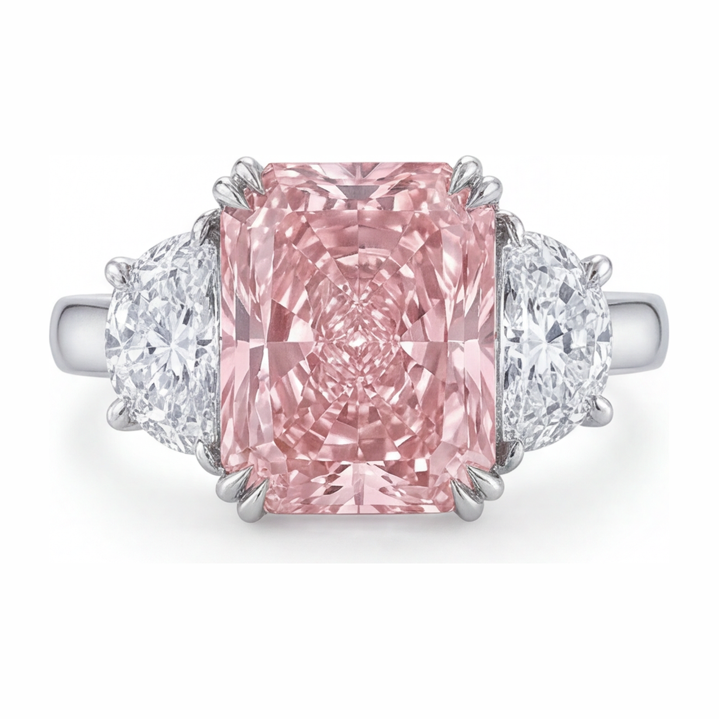 Pinkfarbener Diamantring 6 Karat im Labor gezüchtet Radiant-Schliff Drei-Stein Schlicht 14 Karat Weißgold