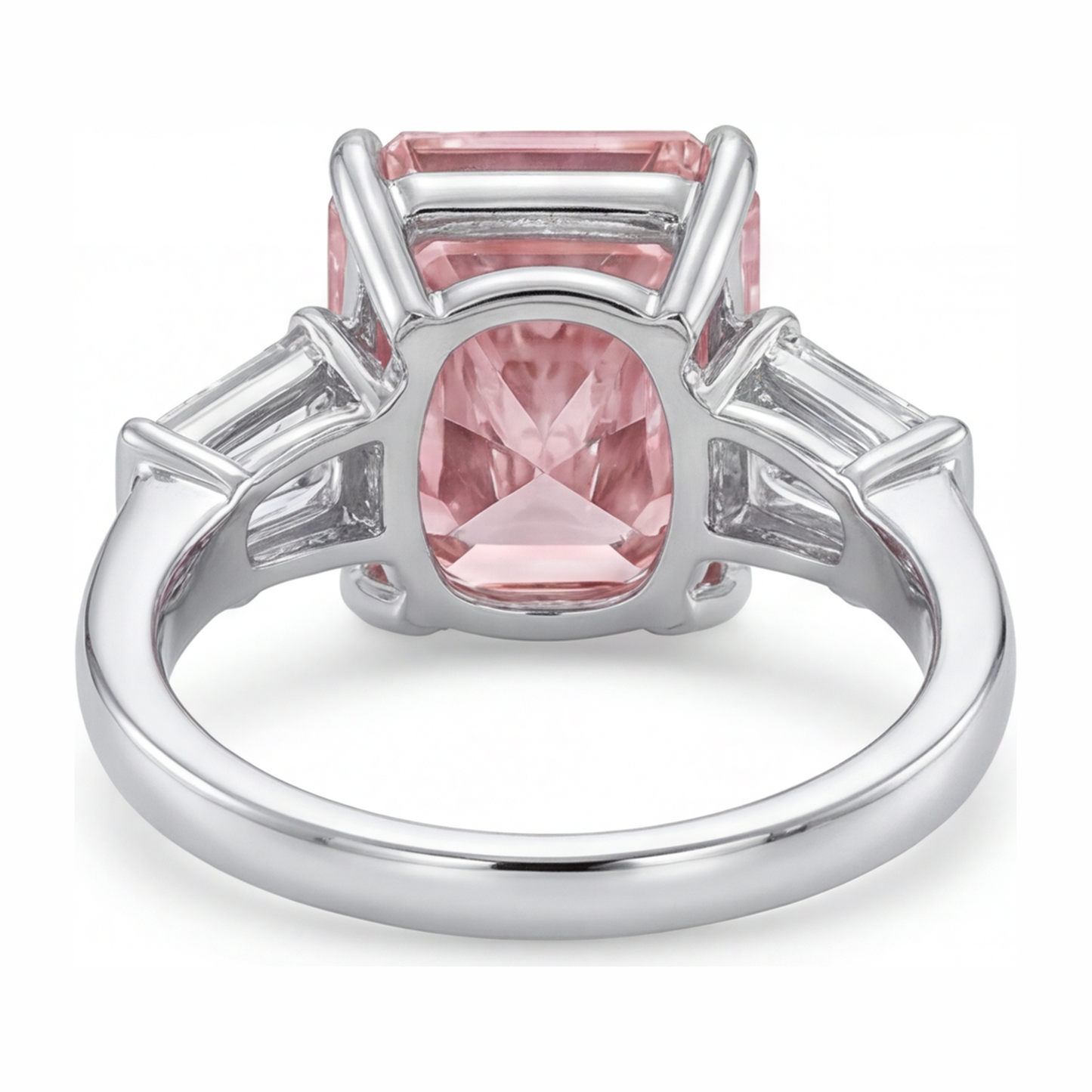 Dreistein-Ring mit rosa Diamant, 6 Karat, im Labor gezüchtet, Radiant-Schliff, Kathedralfassung, 14 Karat Weißgold