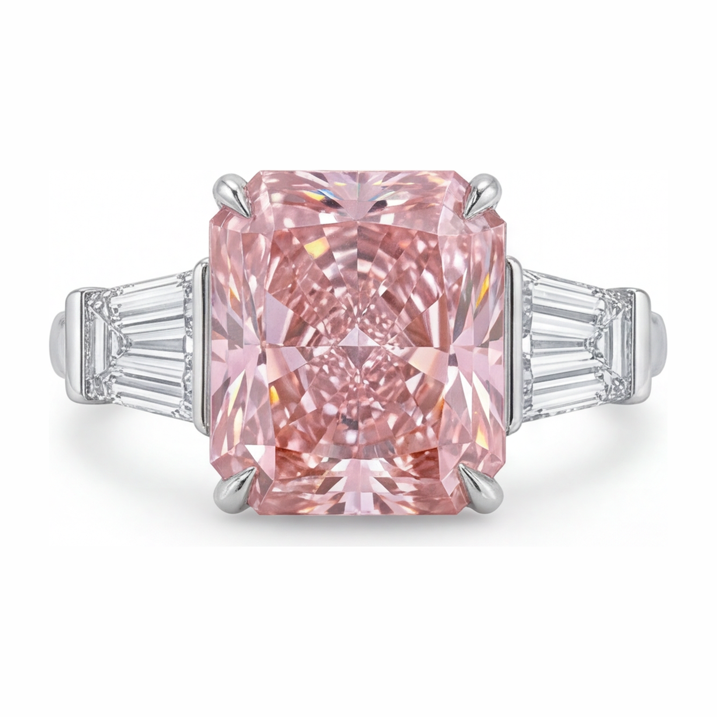 Dreistein-Ring mit rosa Diamant, 6 Karat, im Labor gezüchtet, Radiant-Schliff, Kathedralfassung, 14 Karat Weißgold