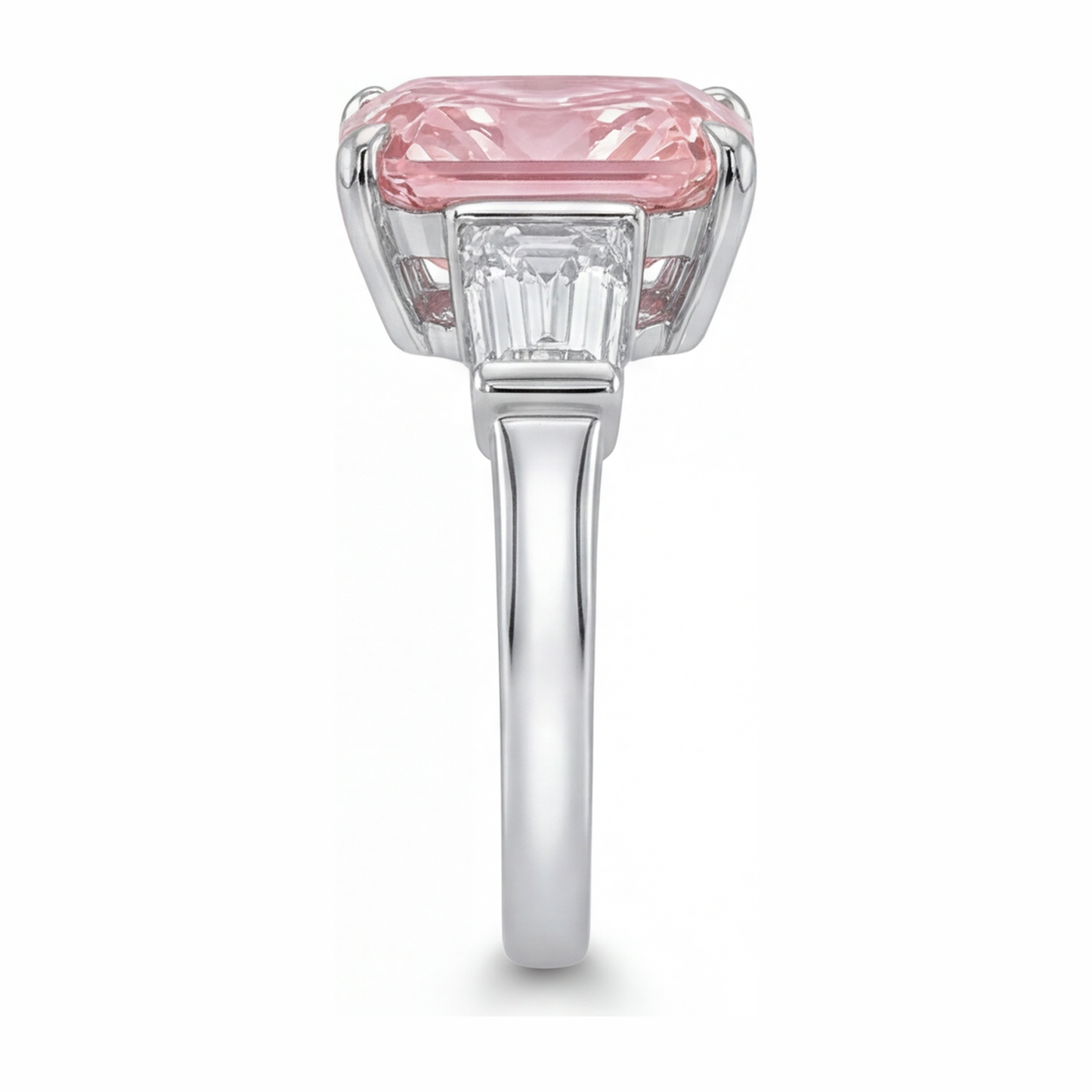 Dreistein-Ring mit rosa Diamant, 6 Karat, im Labor gezüchtet, Radiant-Schliff, Kathedralfassung, 14 Karat Weißgold