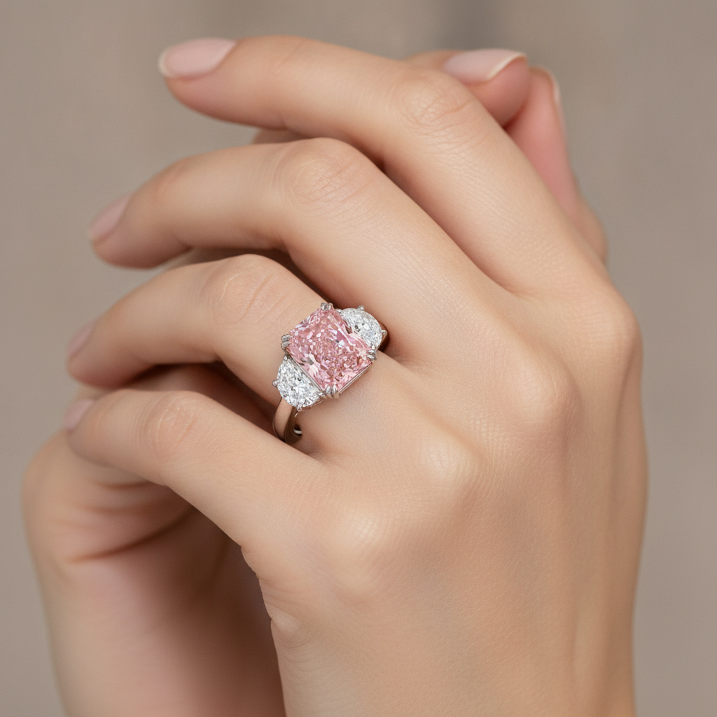 Pinkfarbener Diamantring 6 Karat im Labor gezüchtet Radiant-Schliff Drei-Stein Schlicht 14 Karat Weißgold