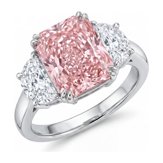 Pinkfarbener Diamantring 6 Karat im Labor gezüchtet Radiant-Schliff Drei-Stein Schlicht 14 Karat Weißgold