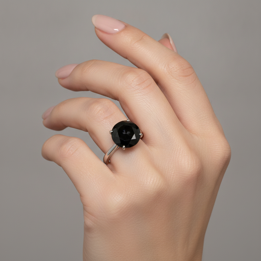 Verlobungsring mit dunklem Diamant, 5 Karat, echter runder schwarzer Solitär, Messerkante, 14 Karat Weißgold