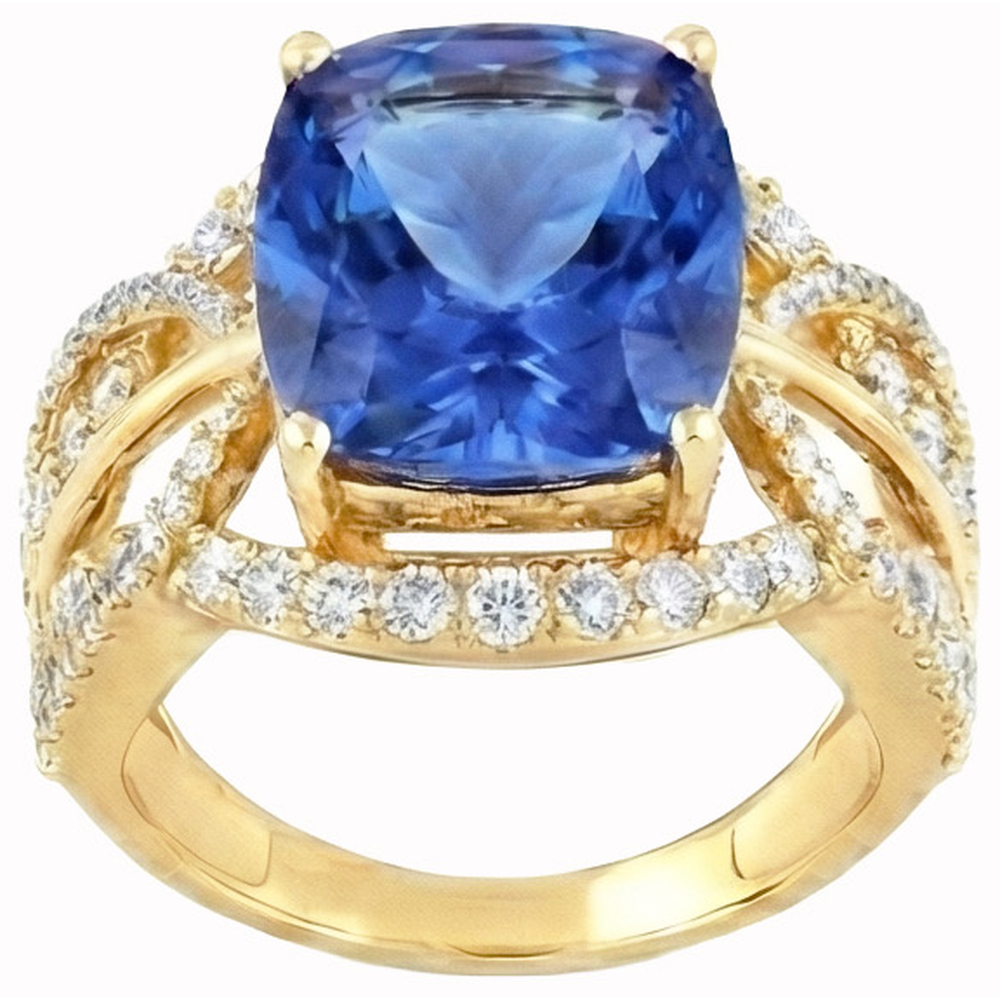 6 ct. Kissen Sri Lanka Blauer Saphir und Diamanten Gelbgold 14K