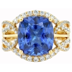 6 ct. Kissen Sri Lanka Blauer Saphir und Diamanten Gelbgold 14K